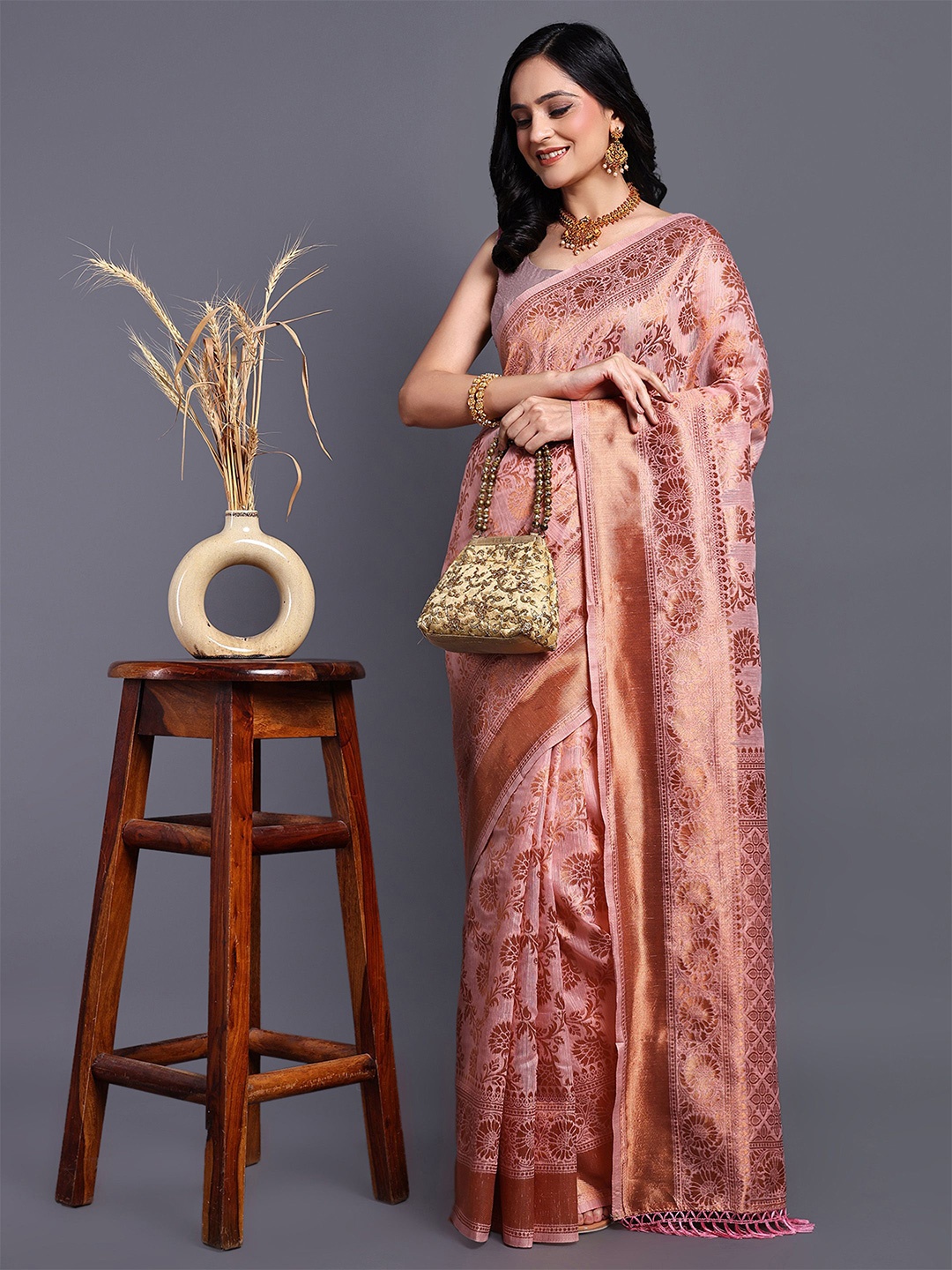 

SWAMI STUDIO Woven Design Zari Pure Cotton Kanjeevaram Saree, Pink