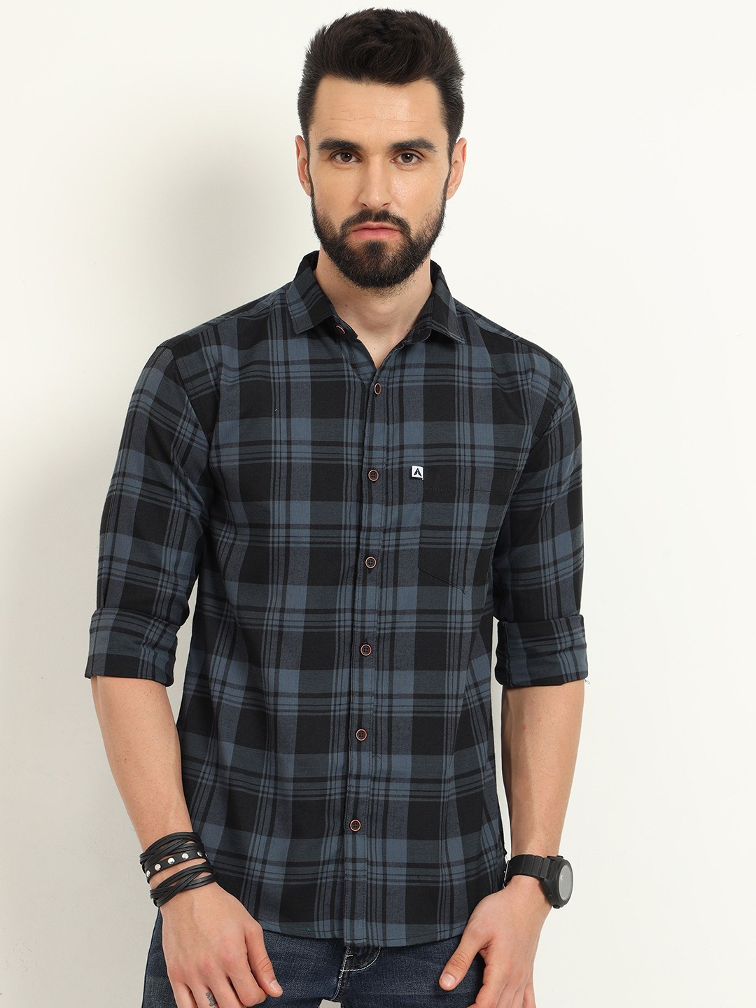

ALLWIN PAUL Men Comfort Cutaway Collar Shepherd Checked Cotton Casual Shirt, Grey