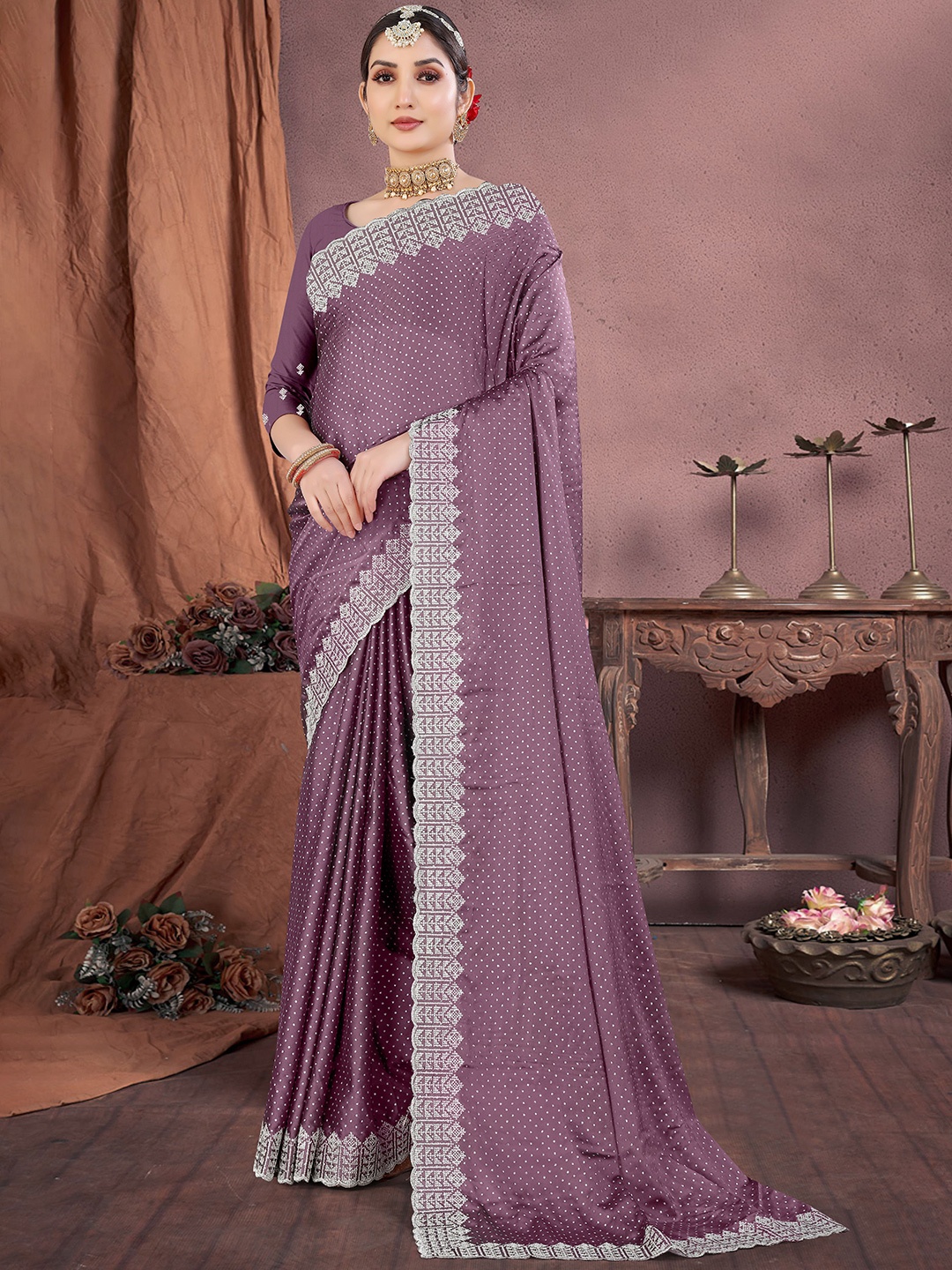 

SANJANA SILK Embellished Beads and Stones Maheshwari Saree, Violet