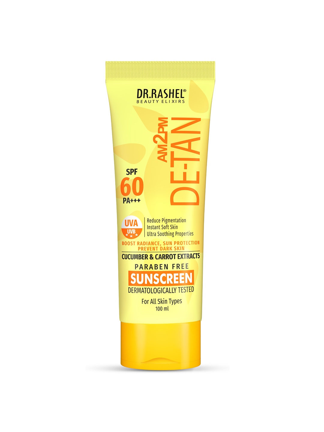 

DR.RASHEL De-Tan Sunscreen SPF 60 PA+++ With Cucumber For Face & Body-100 ml, Yellow