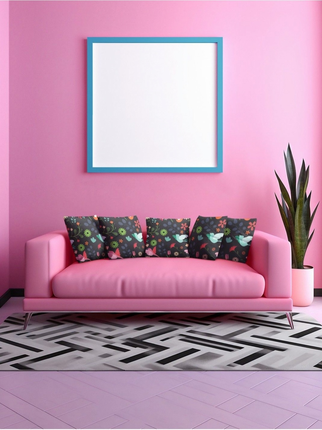 

THEYAYACAFE Navy Blue & Pink 5 Pieces Floral Printed Velvet Square Cushion Covers