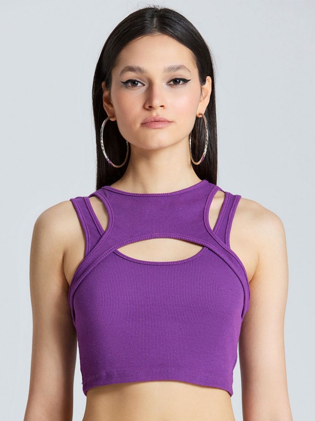 

ZOMODA Women Solid Round Neck Cotton Top, Purple