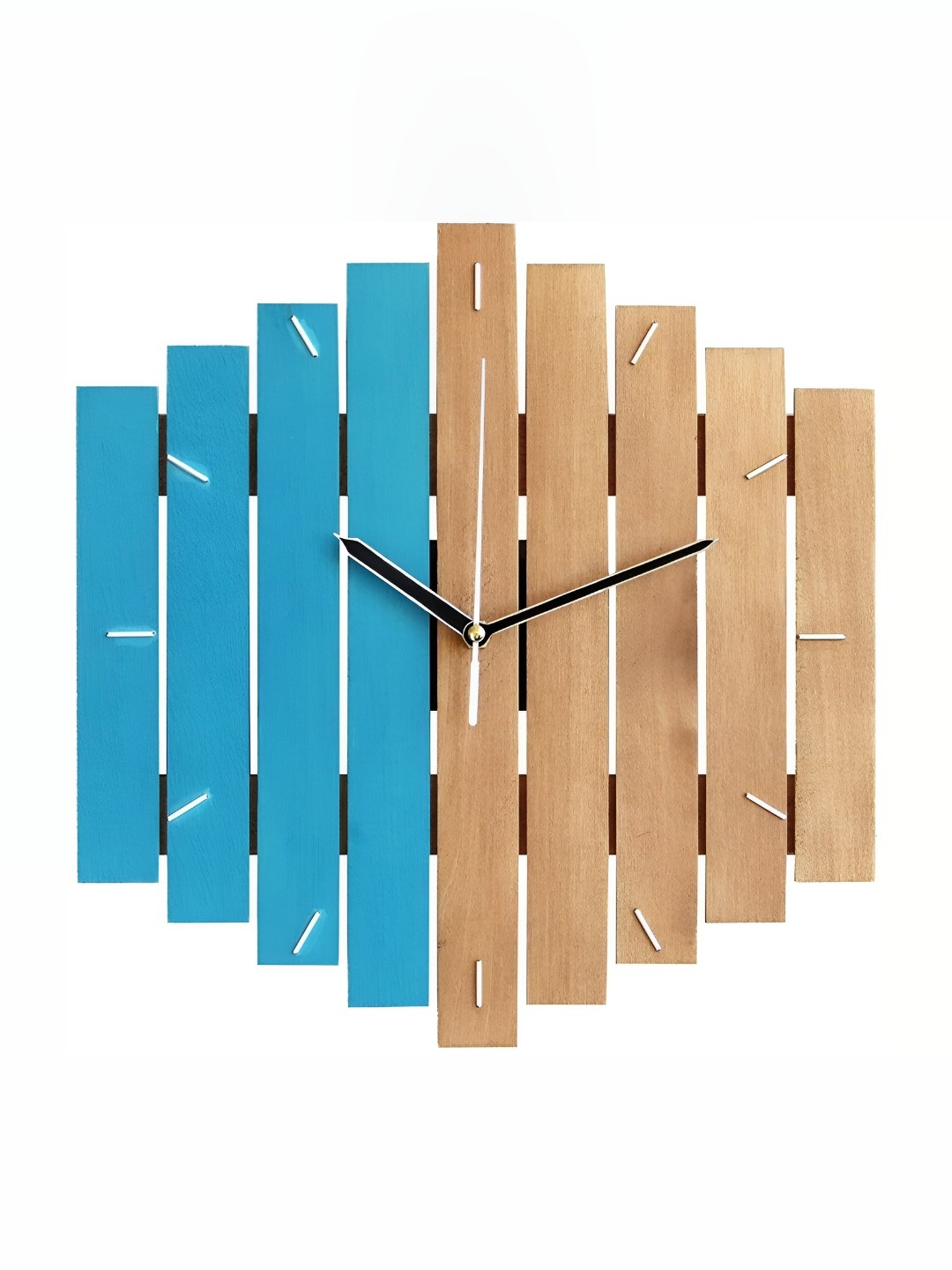 

QEZNEF Brown & Blue Colourblocked Geometric Shaped Contemporary Analogue Wooden Wall Clock