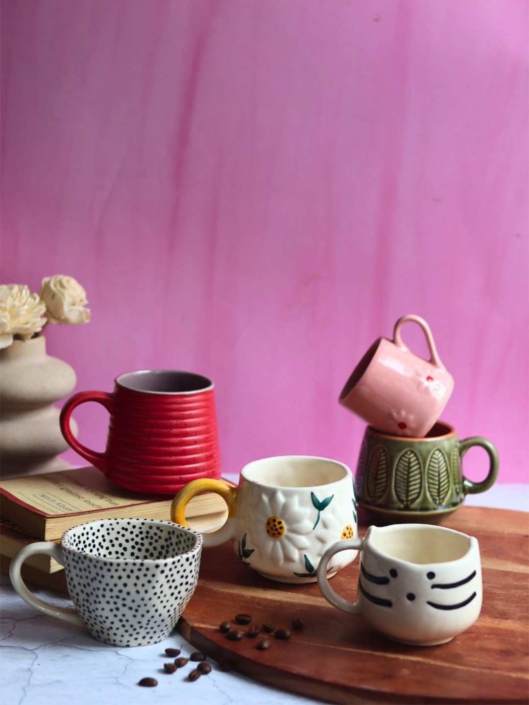 

WEAVING HOMES White & Pink 6 Pieces Printed Ceramic Glossy Mugs 220 ml