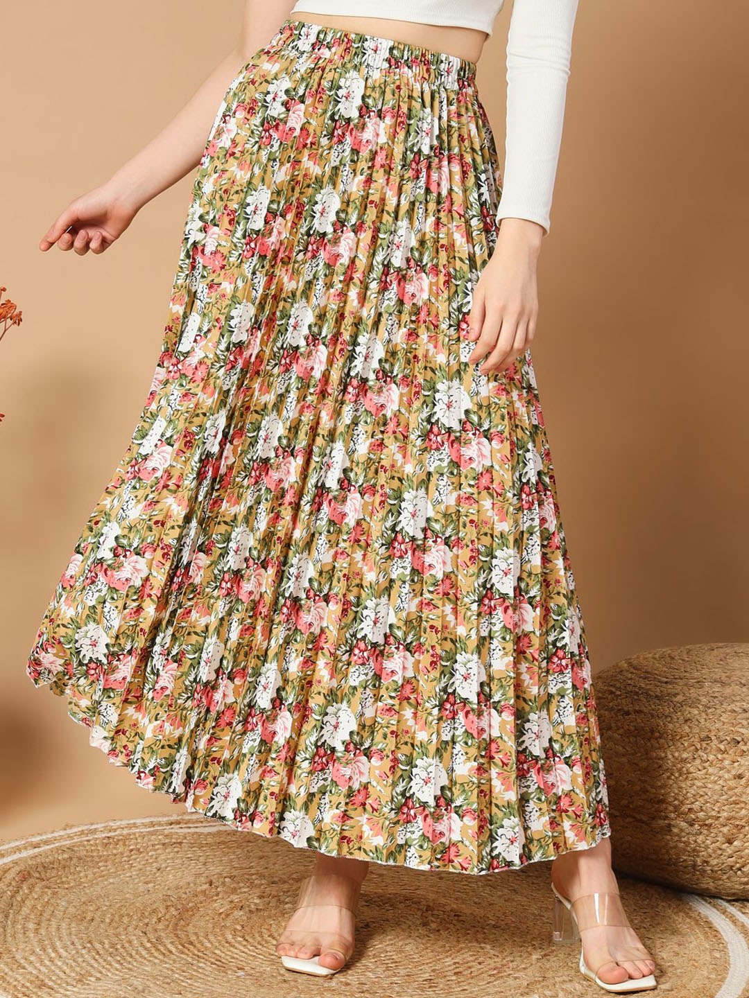 

ZWERLON Floral Printed Accordion Pleated A-Line Maxi Skirt, Mustard