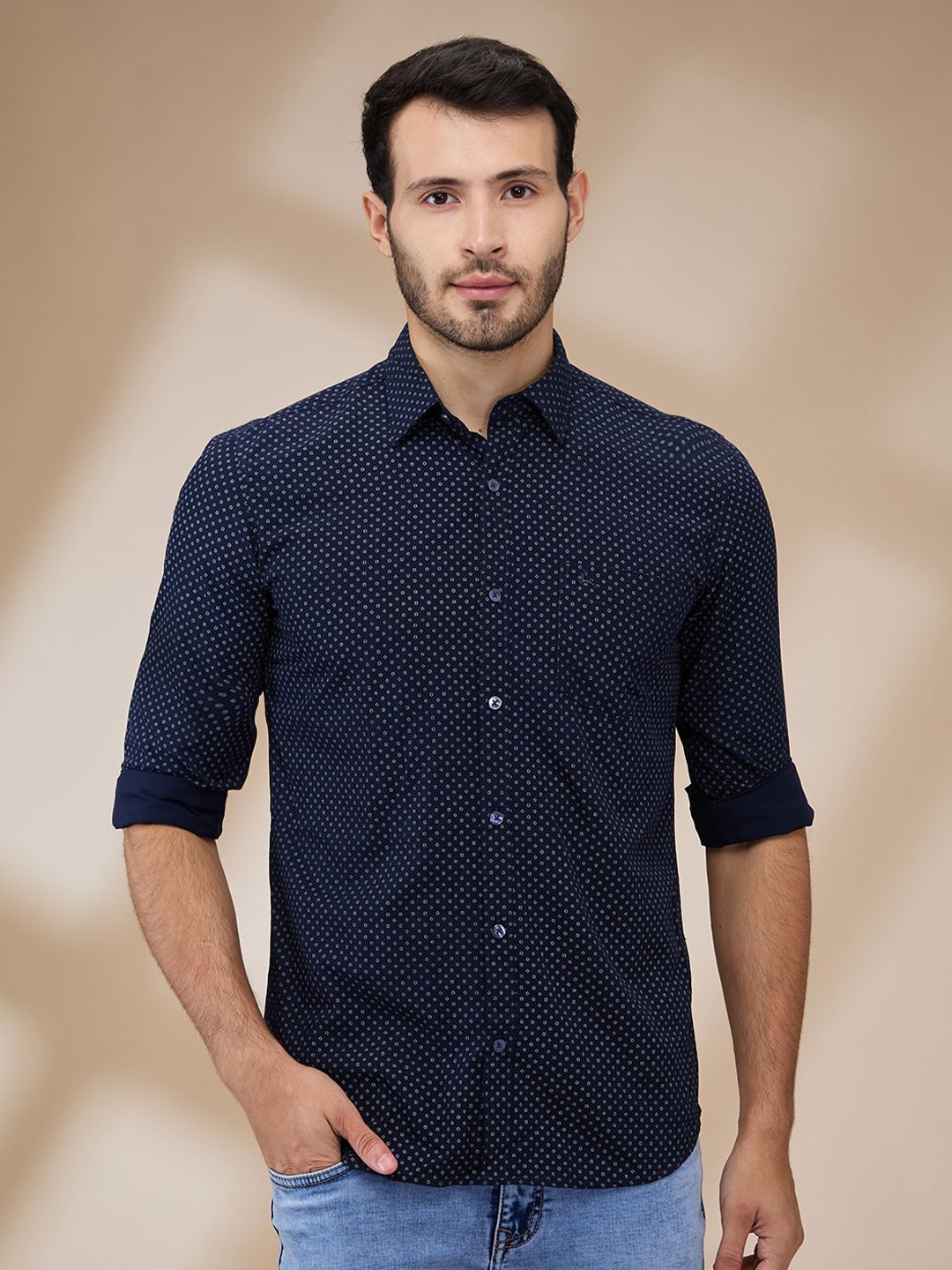 

Parx Men Spread Collar Micro Ditsy Printed Slim Fit Casual Shirt, Blue