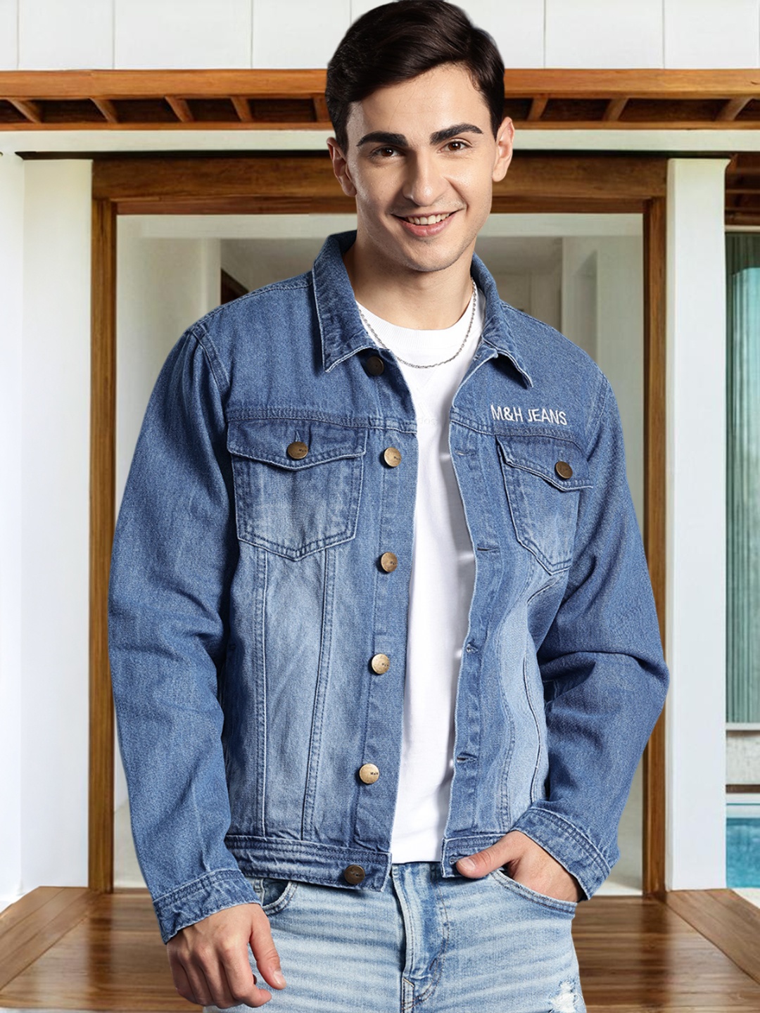 

Mast & Harbour Pure Cotton Washed Denim Jacket, Blue