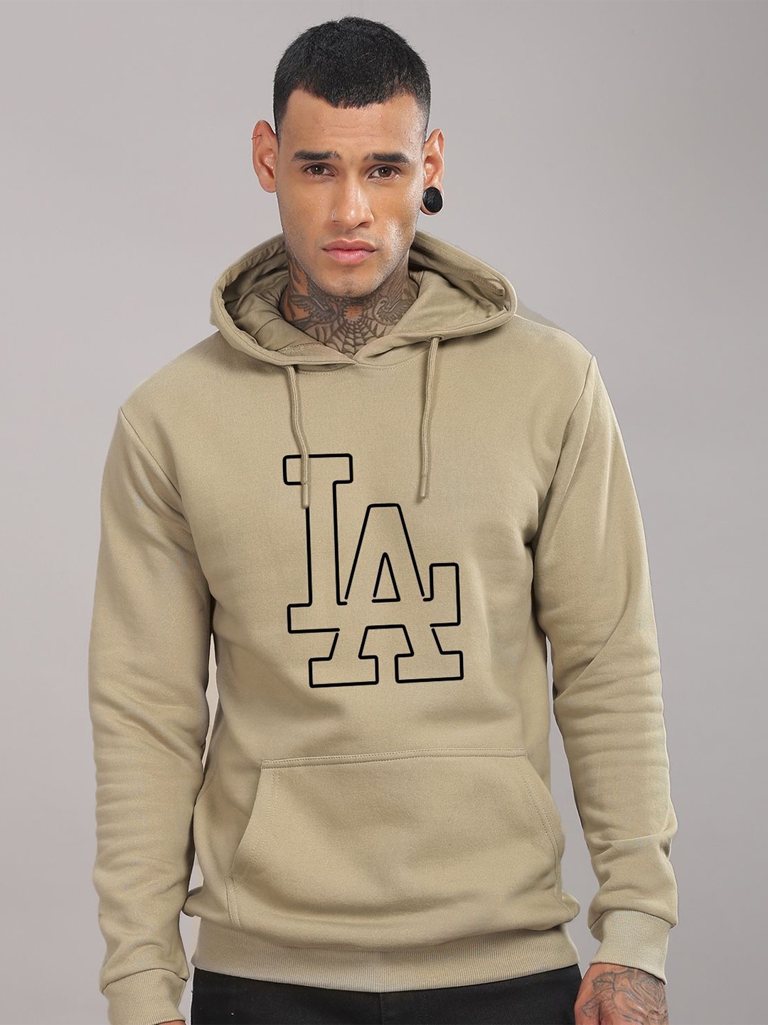 

ADRO Men Graphic Printed Hood Cotton Pullover Sweatshirt, Beige