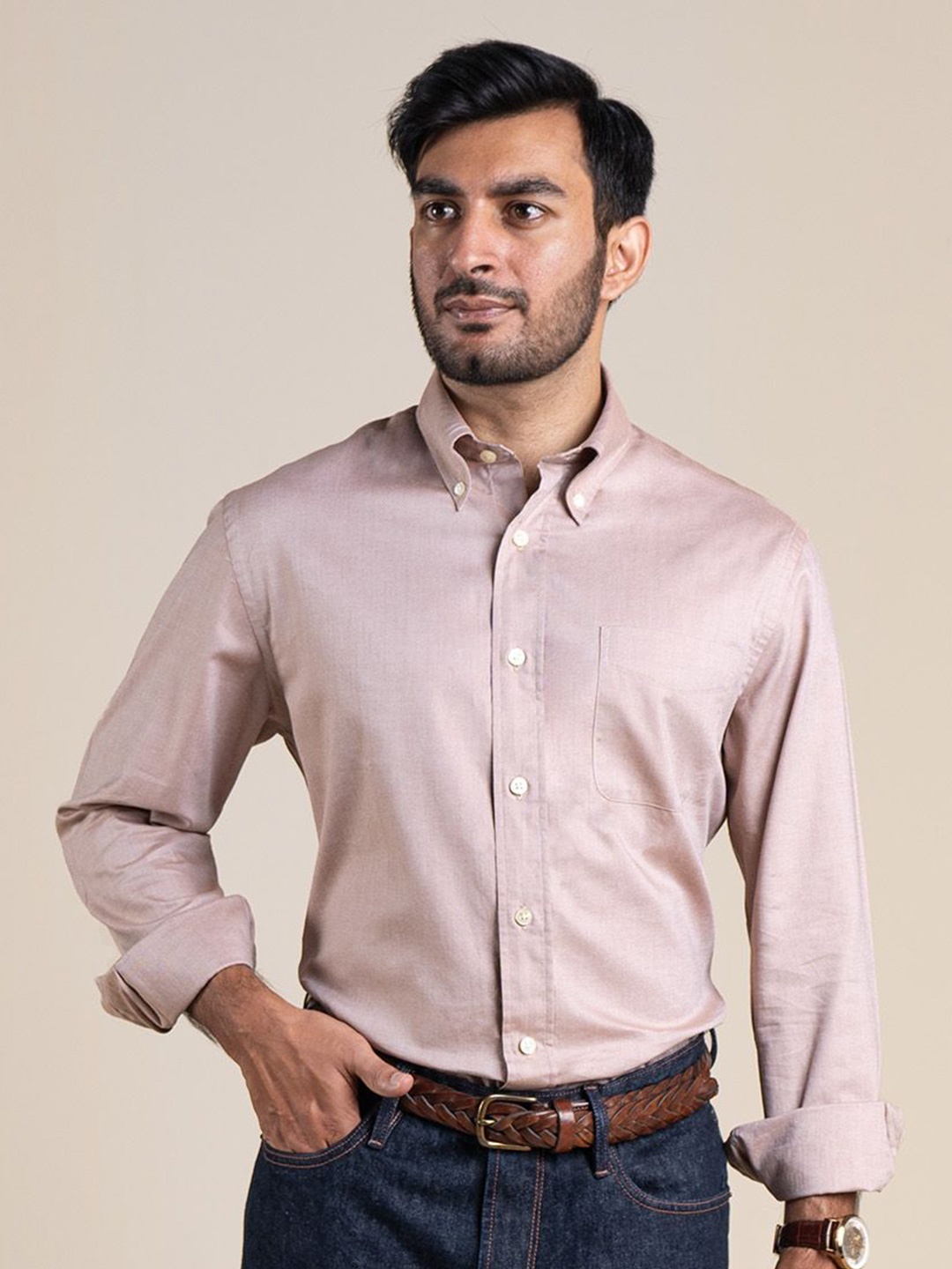 

Monks of Method Men Comfort Button-Down Collar Solid Cotton Formal Shirt, Taupe