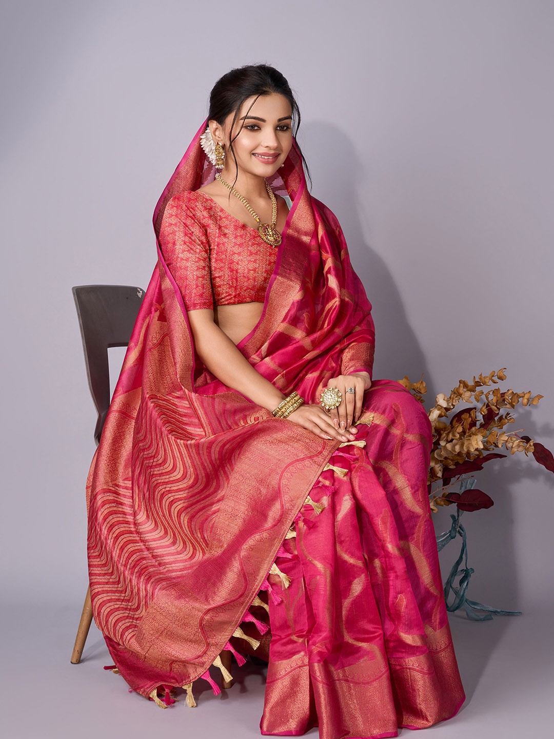 

KIMISHA Woven Design Festive Zari Organza Saree, Pink