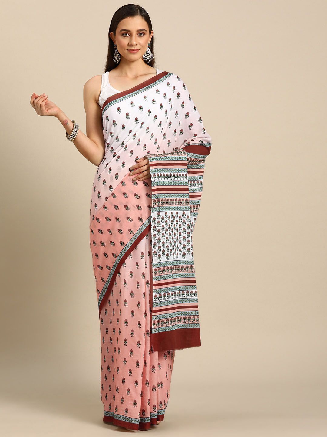 

BUTA BUTI Ethnic Motifs Printed Pure Cotton Saree, Rust