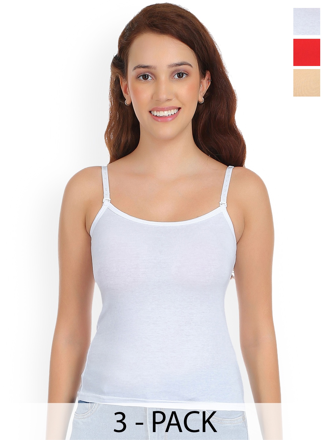 

SELFCARE Pack Of 3 Women Non-Padded Cotton Camisoles, Red