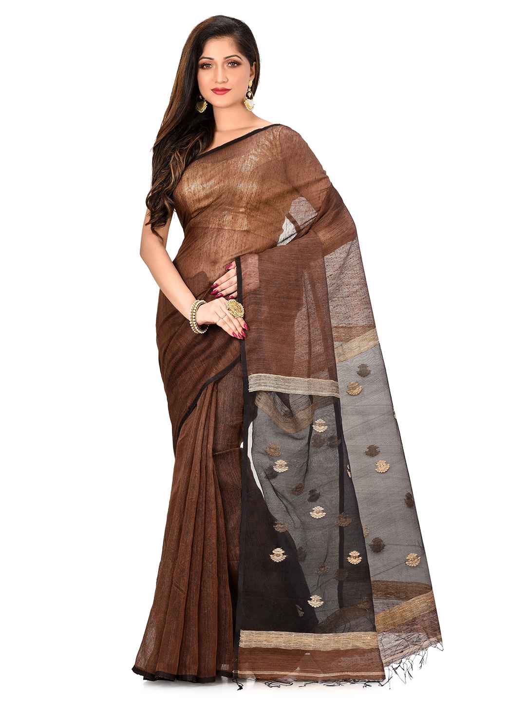 

SPRISH Woven Design Pure Silk Jamdani Saree, Brown