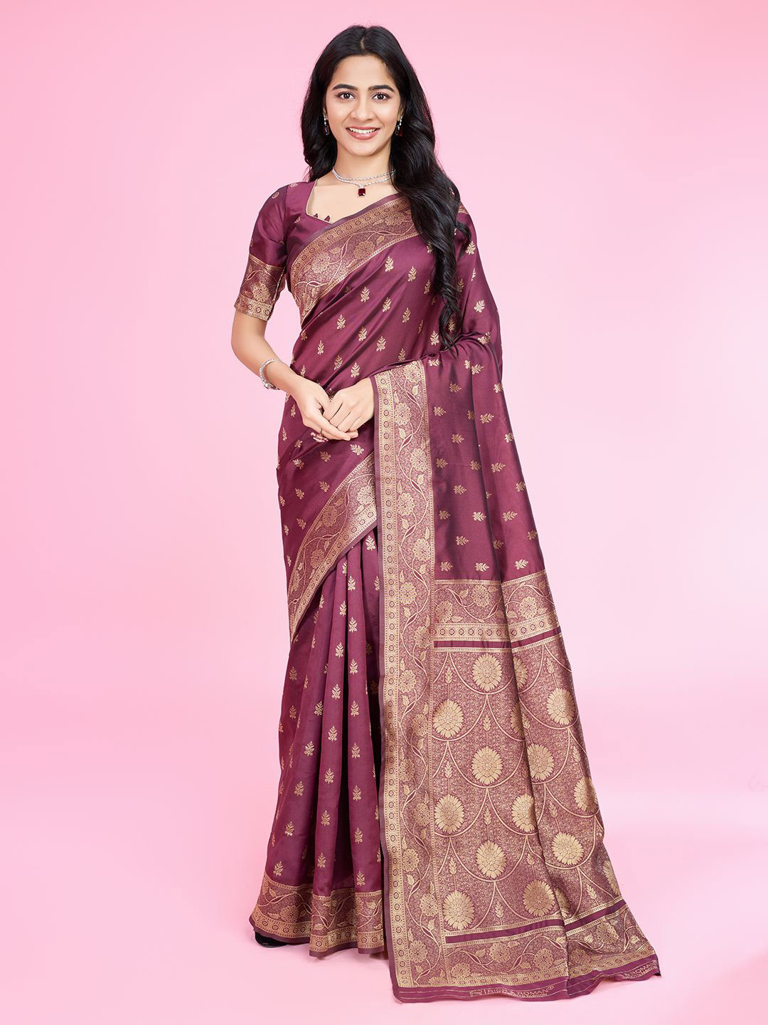 

RICH & ROMAN Woven Design Zari Pure Silk Banarasi Saree, Burgundy