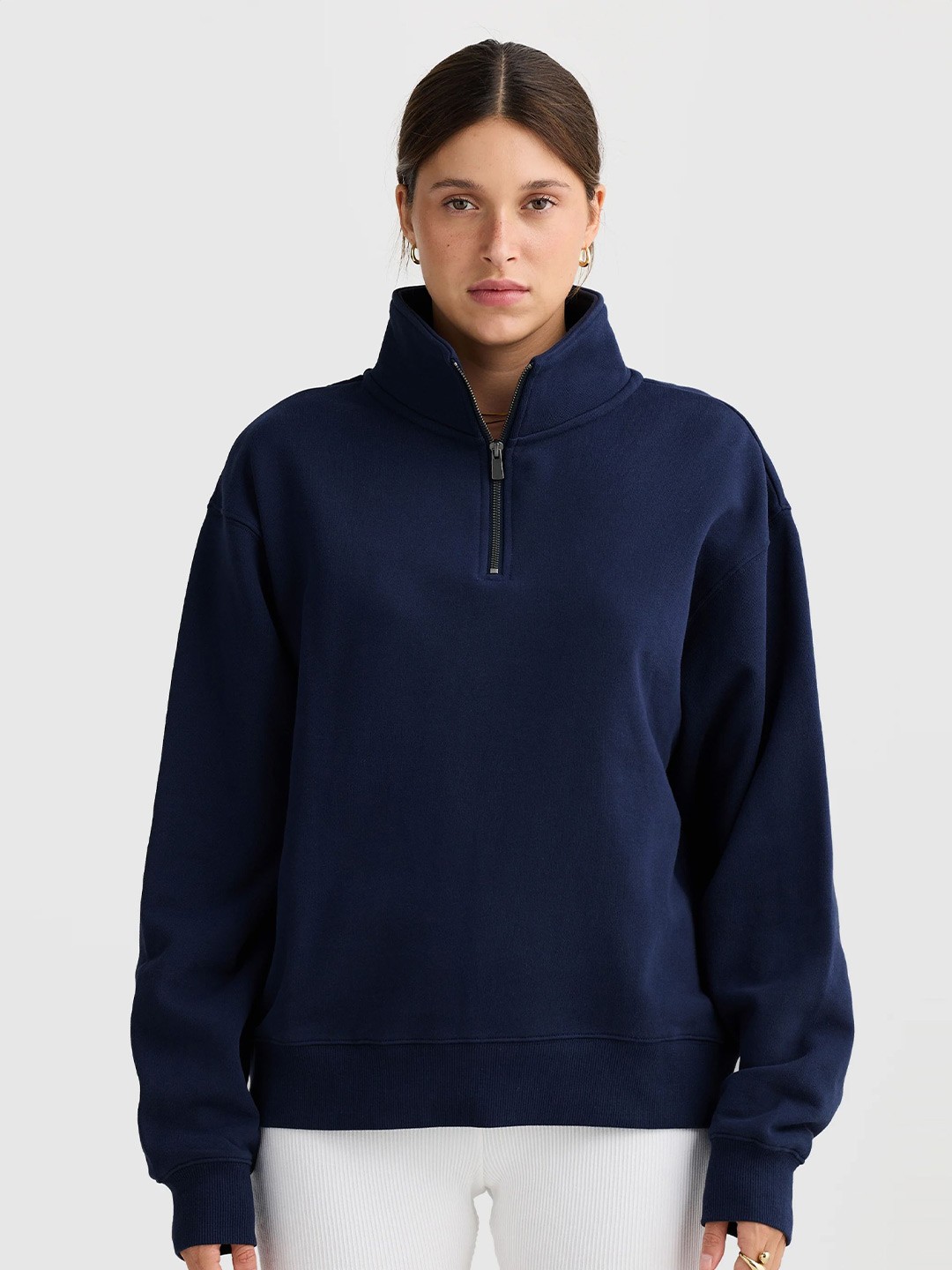 

MISCHIEF MONKEY Women High Neck Half Zipper Pullover Casual Sweatshirt, Navy blue