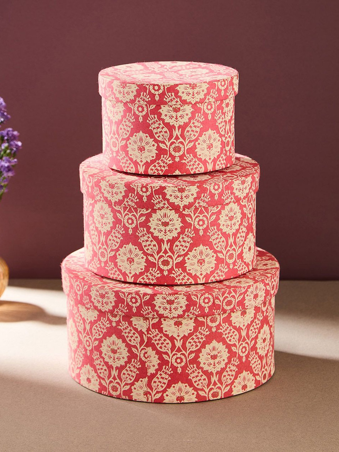 

Fabindia 3Pcs Pink & Off White Printed Paper Gift Box