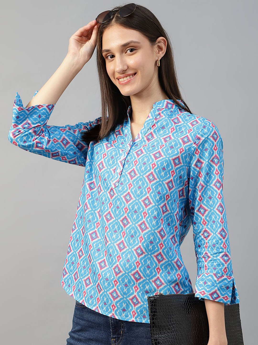 

Hancock Women Print Mandarin Collar Ethnic Cotton Shirt Style Top, Blue