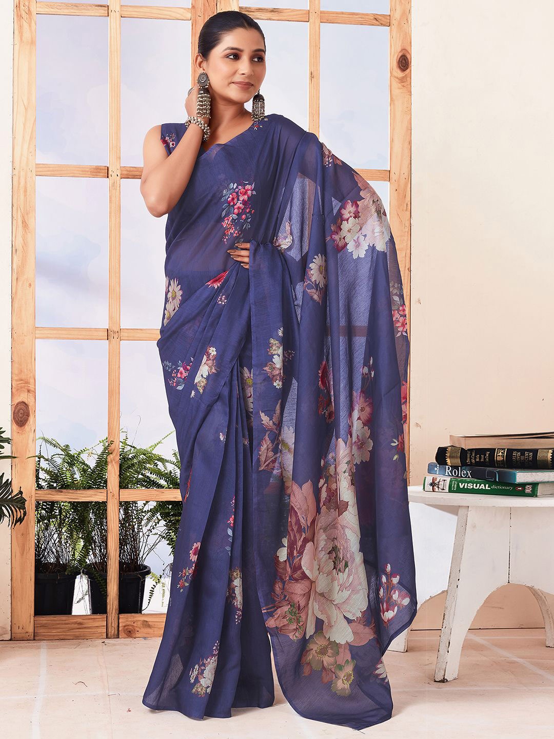 

Mitera Pure Cotton Floral Printed Ready to Wear Saree, Purple
