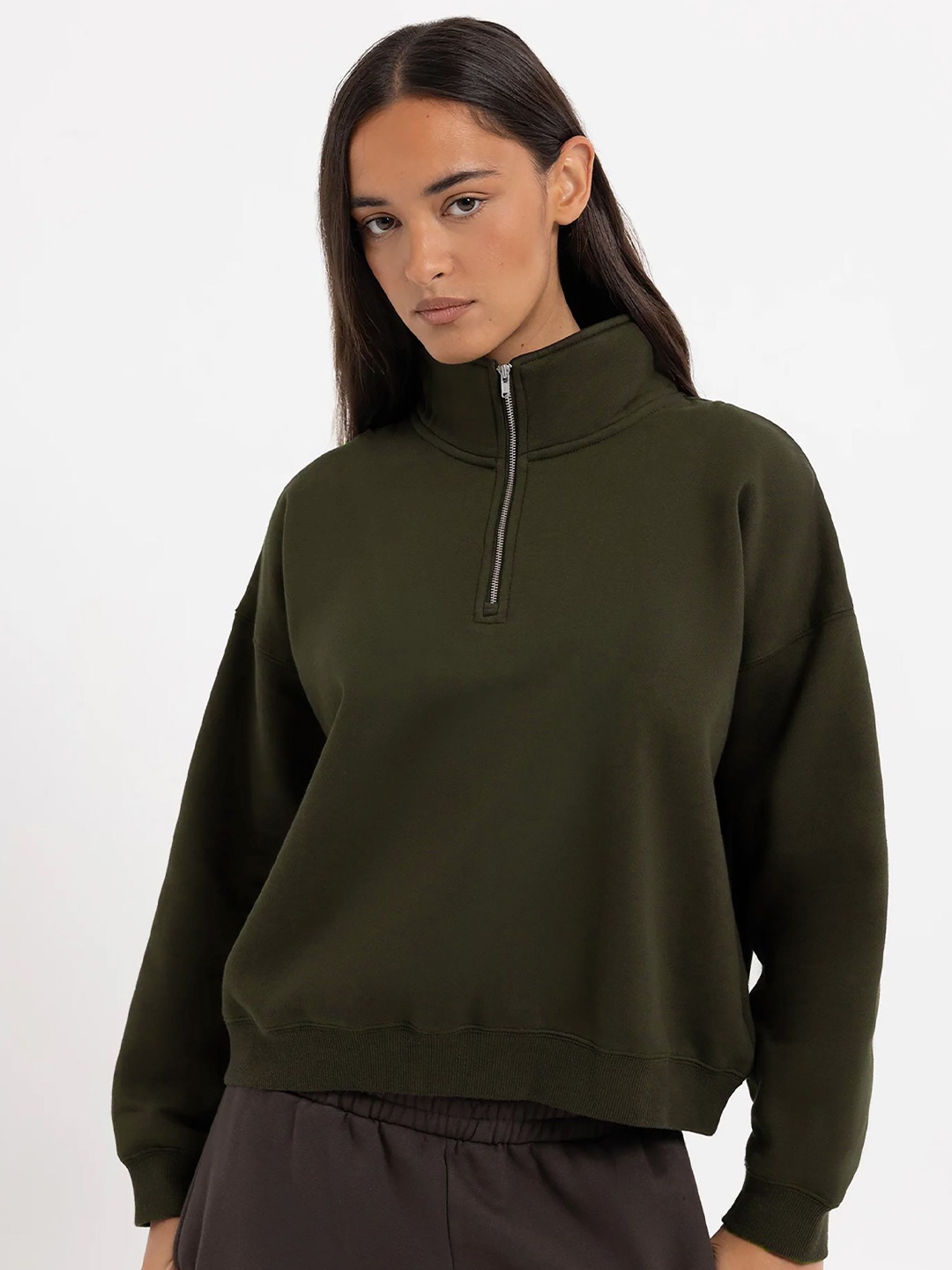 

MISCHIEF MONKEY Women High Neck Half Zipper Pullover Casual Sweatshirt, Olive