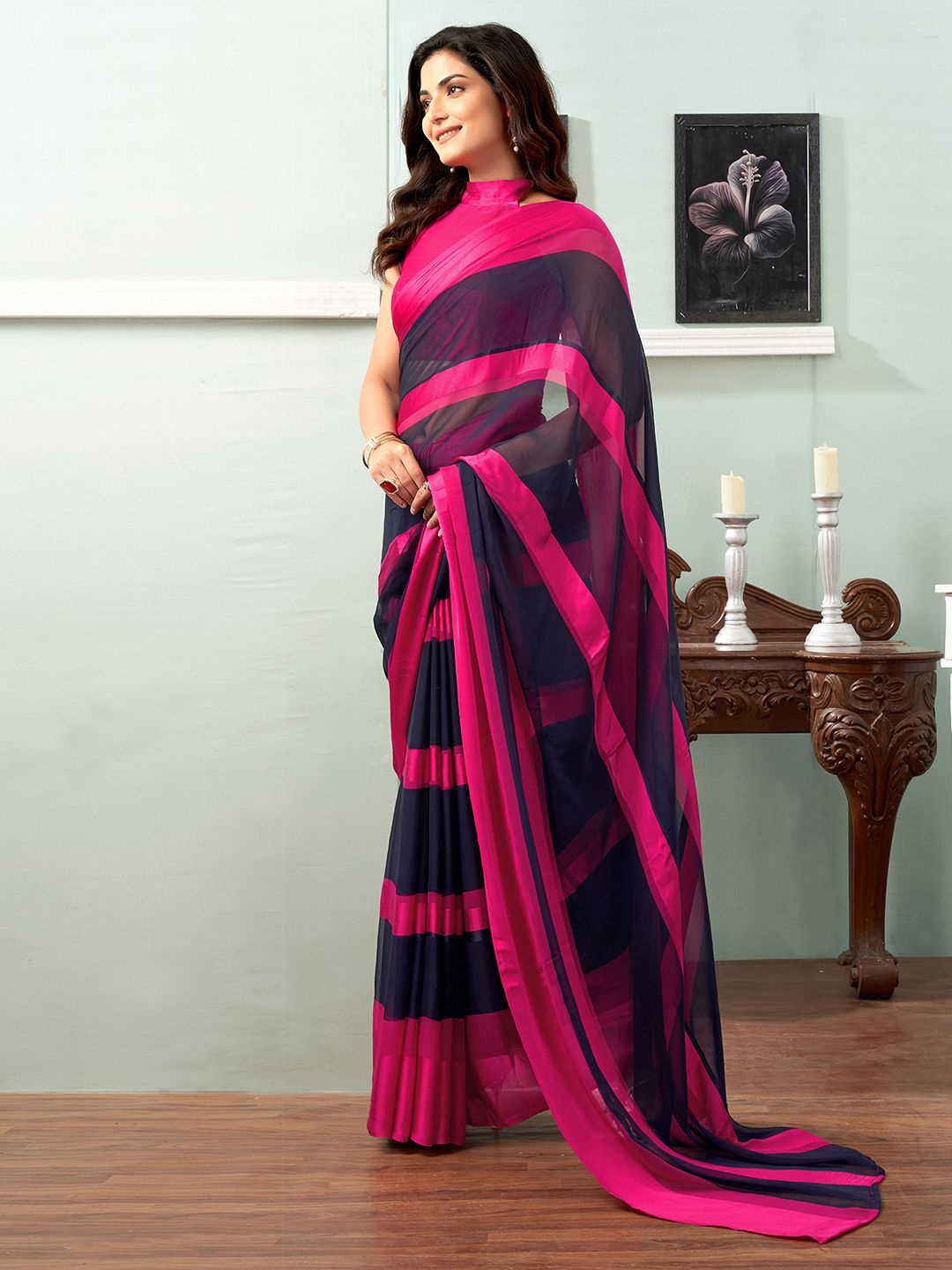 

KALINI Striped Pure Georgette Muga Saree, Navy blue