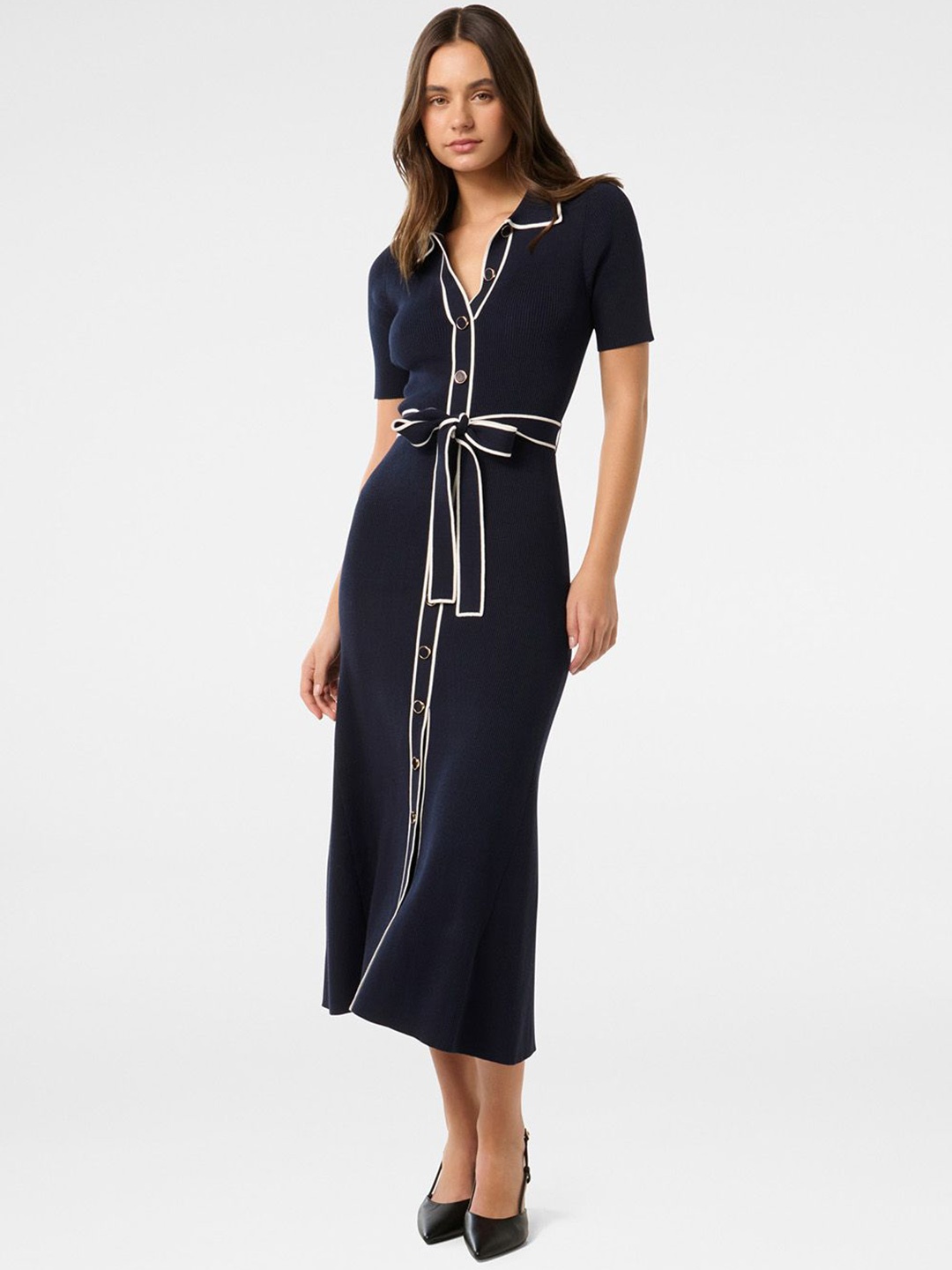 

Forever New Women Solid Printed A-Line Midi i Dress, Navy blue