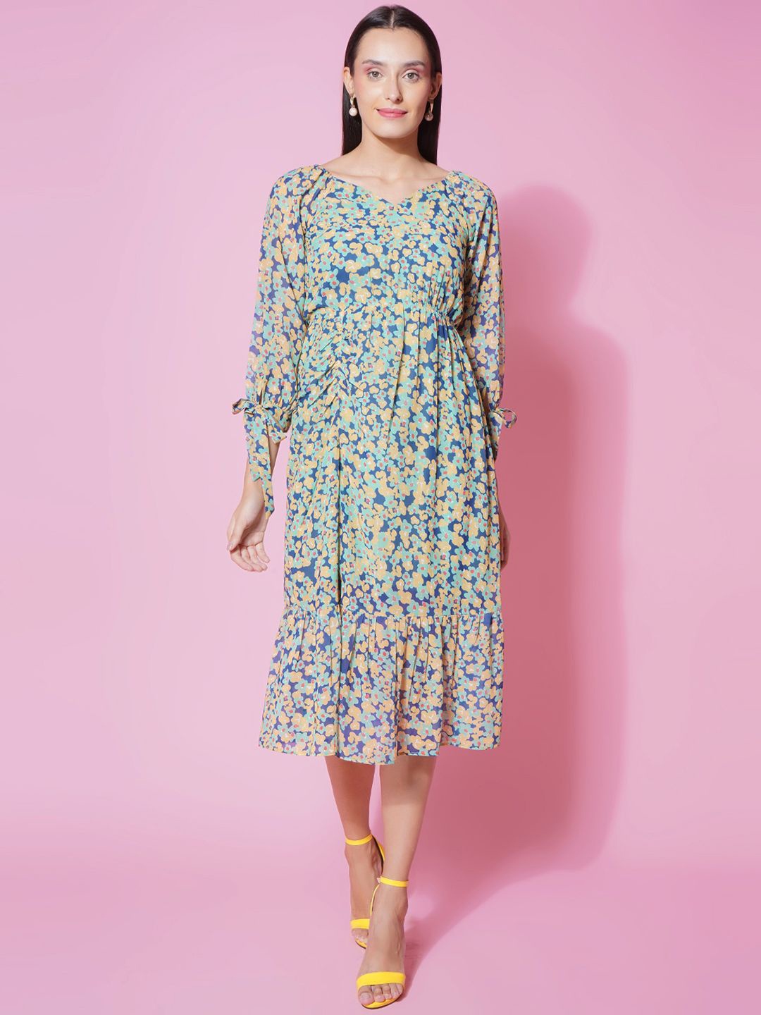 

KATLINE Floral Printed Georgette A-Line Midi Dress, Blue