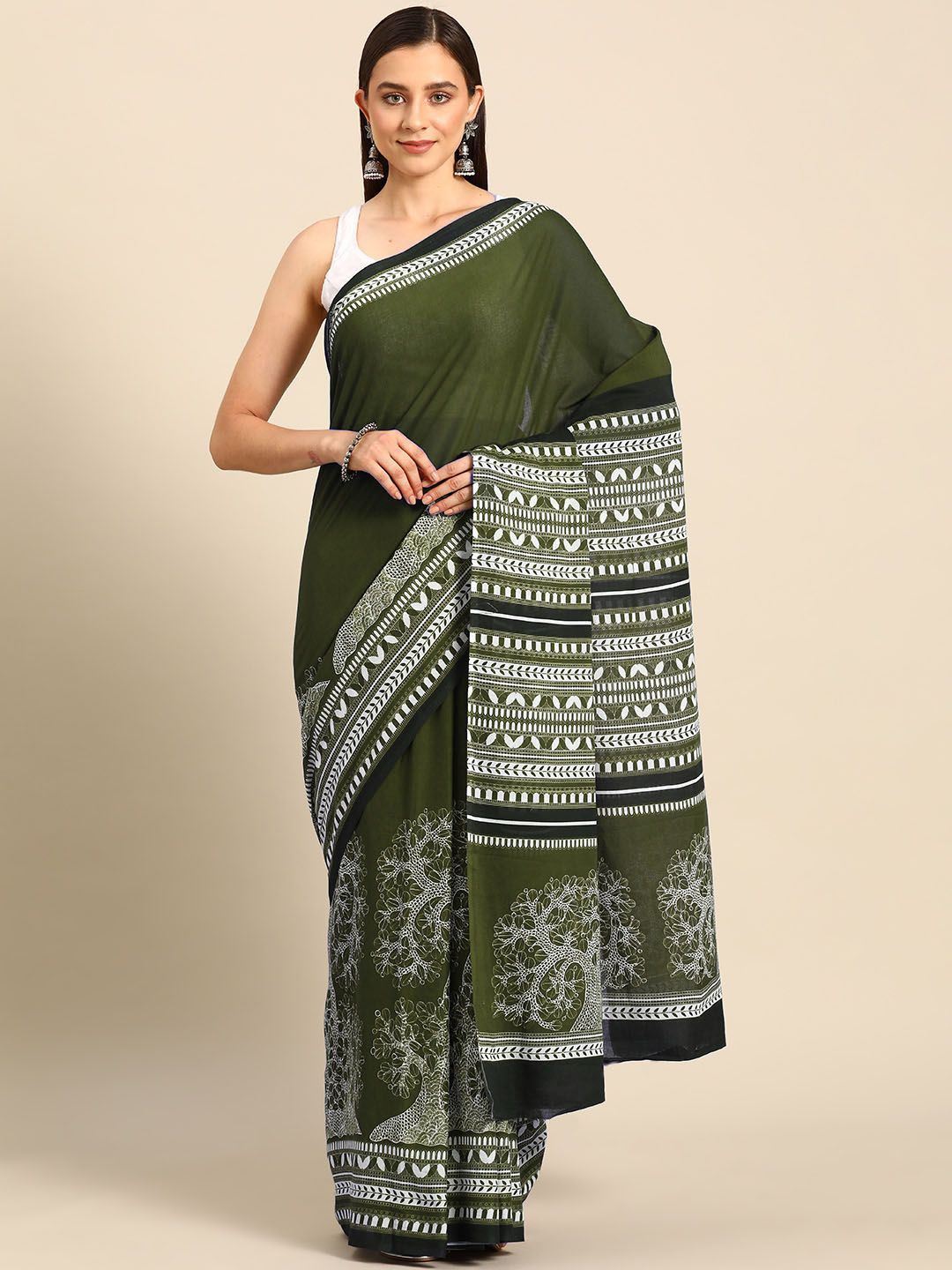 

BUTA BUTI Floral Printed Pure Cotton Saree, Green