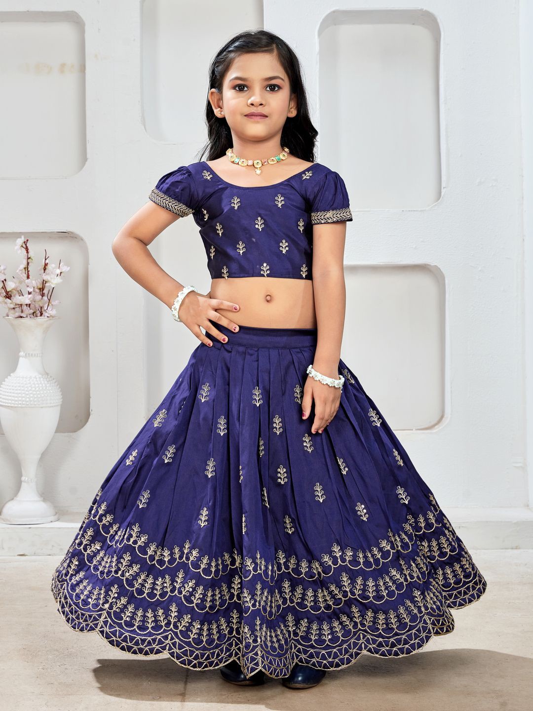 

BAESD Girls Embroidered Thread Work Ready to Wear Lehenga & Choli, Blue