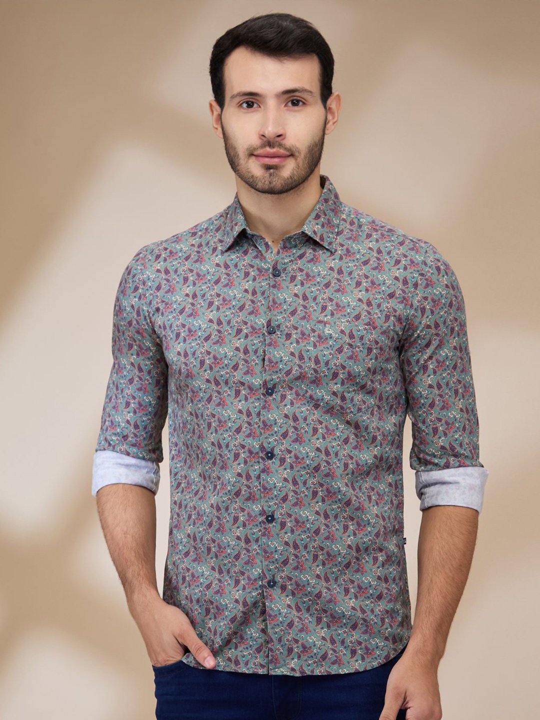 

Parx Men Spread Collar Floral Printed Cotton Slim Fit Casual Shirt, Green