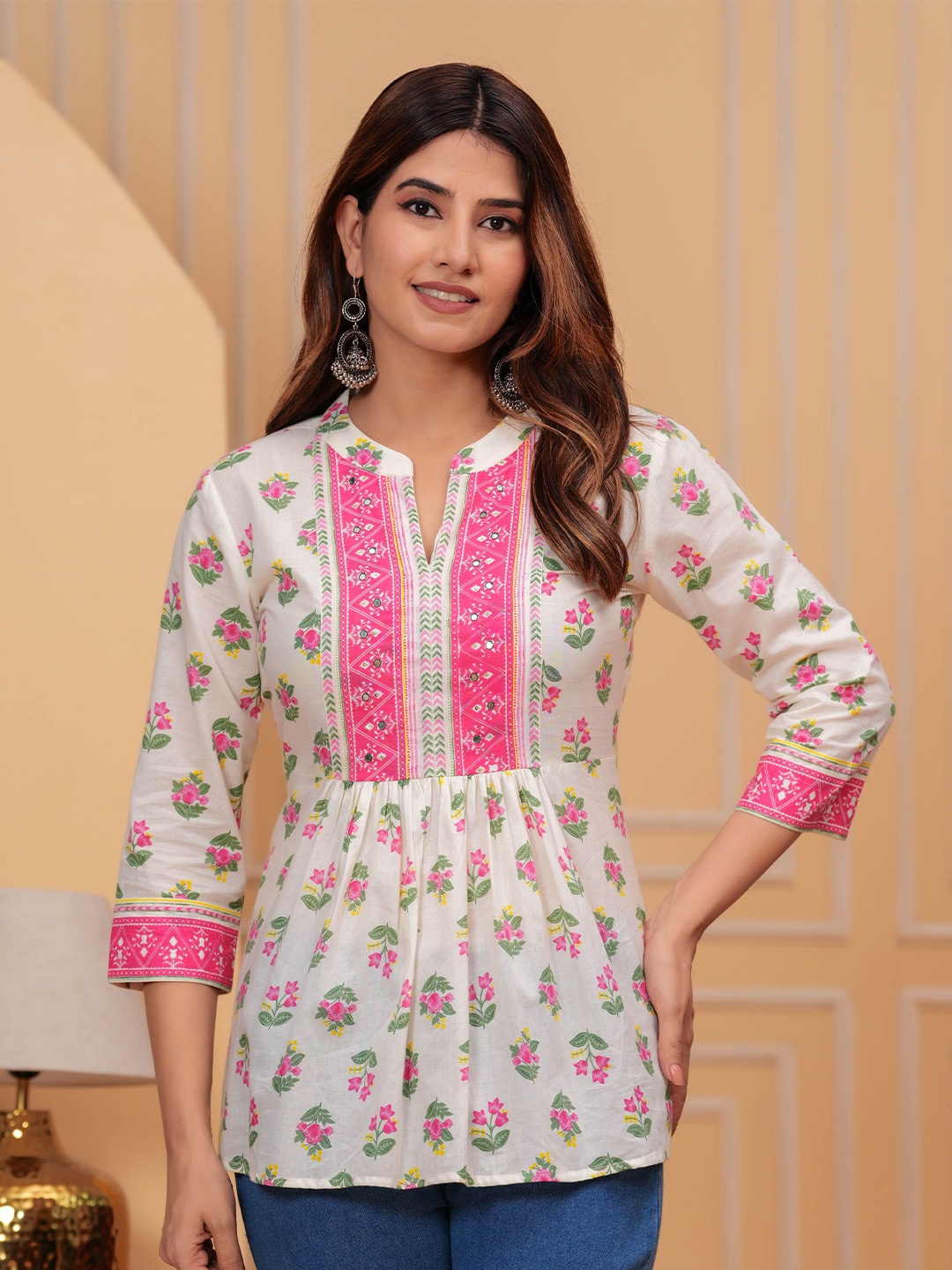 

Mizaz Women Floral Printed Mandarin Collar Cotton Top, Cream