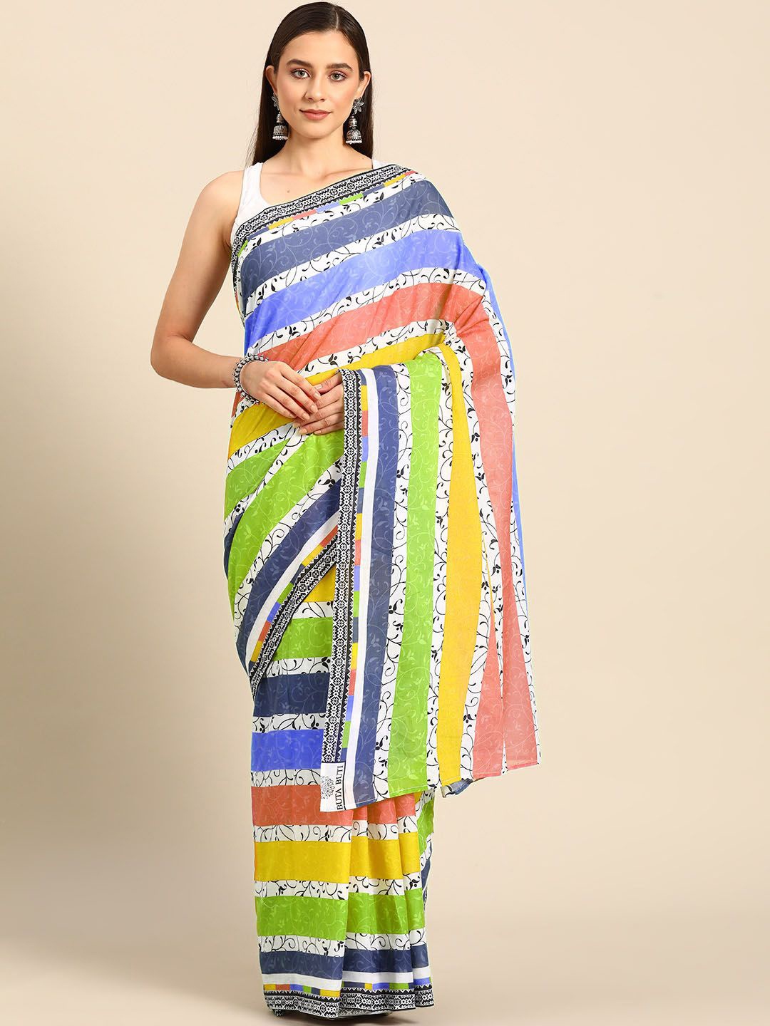 

BUTA BUTI Striped Printed Pure Cotton Saree, Green