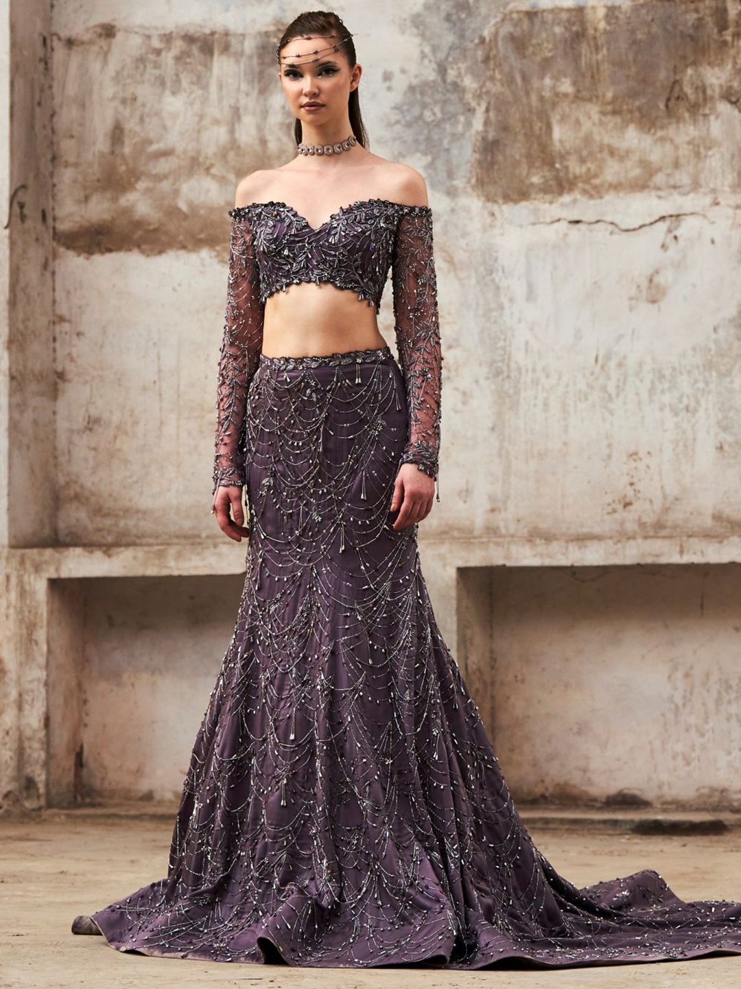 

Pooja Peshoria Embellished Beads and Stones Ready to Wear Lehenga & Blouse With Dupatta, Purple