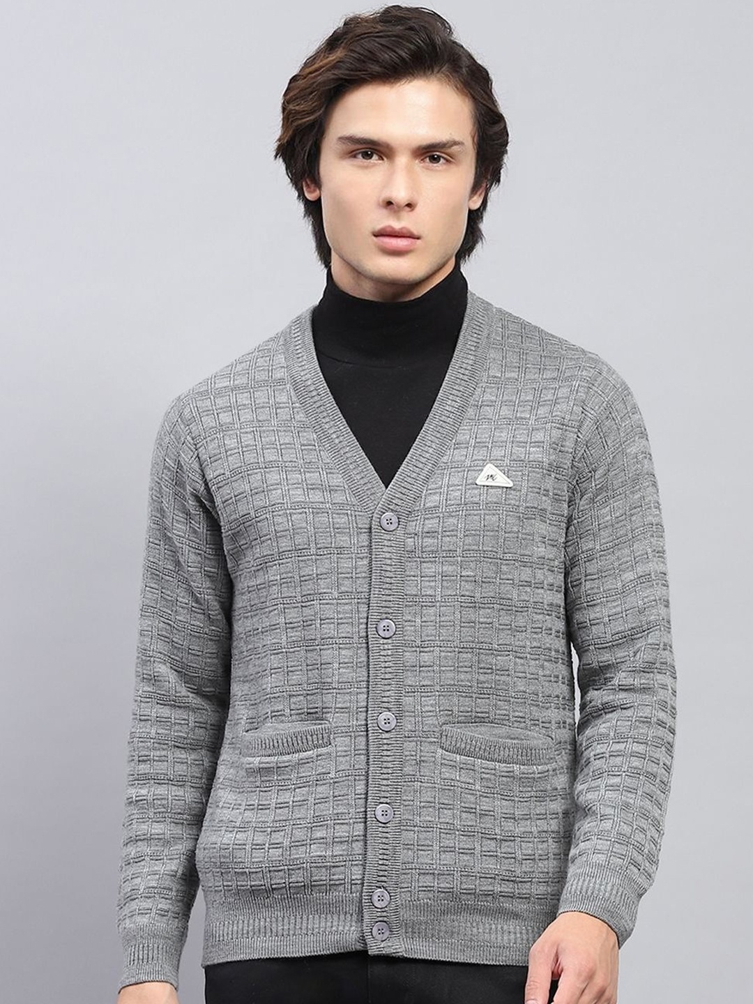 

Monte Carlo Men Self Design V Neck Full Sleeve Cable Knit Woollen Cardigan, Grey