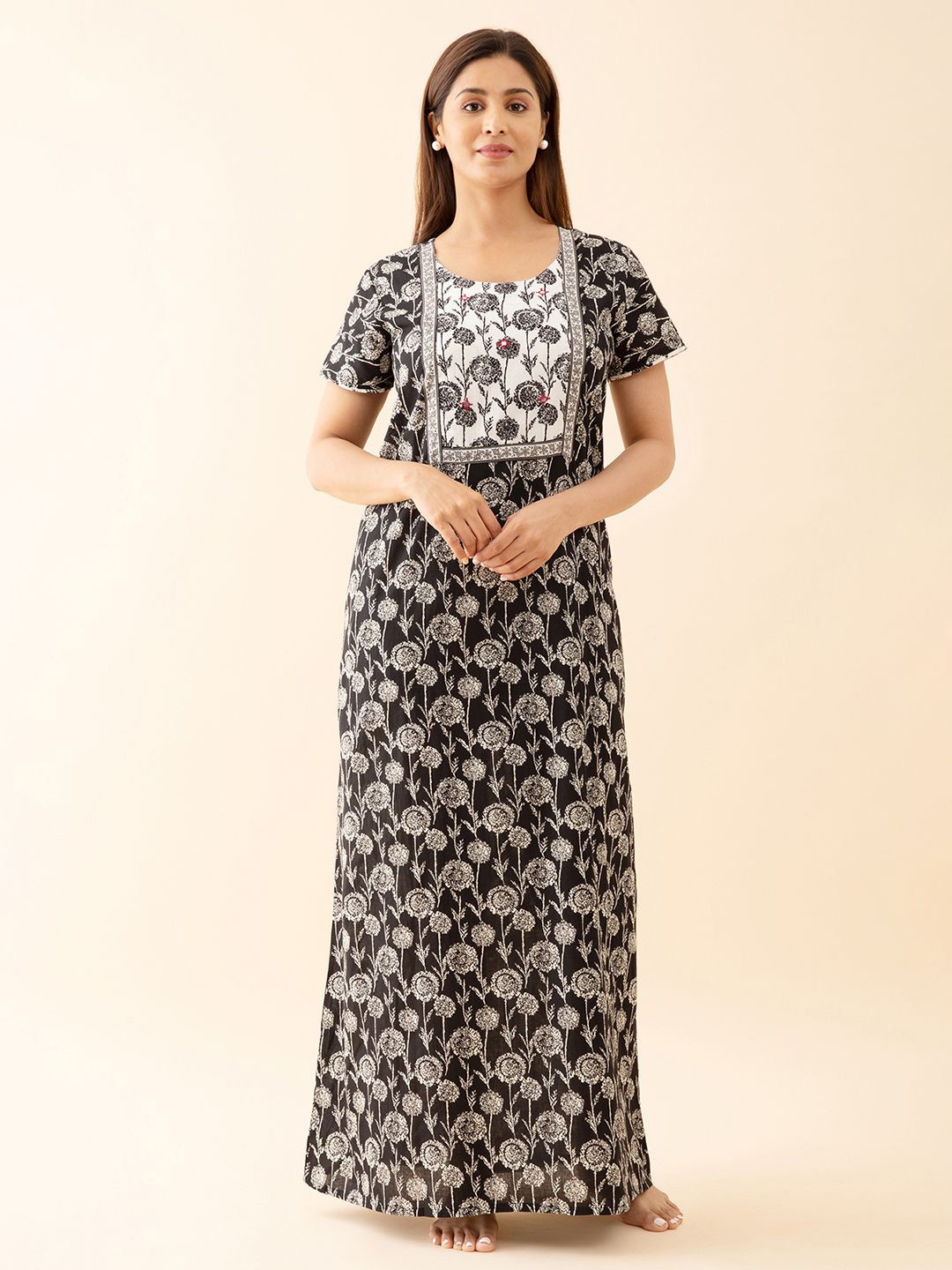 

Maybell Women Floral Printed Pure Cotton Maxi Nightdress, Black