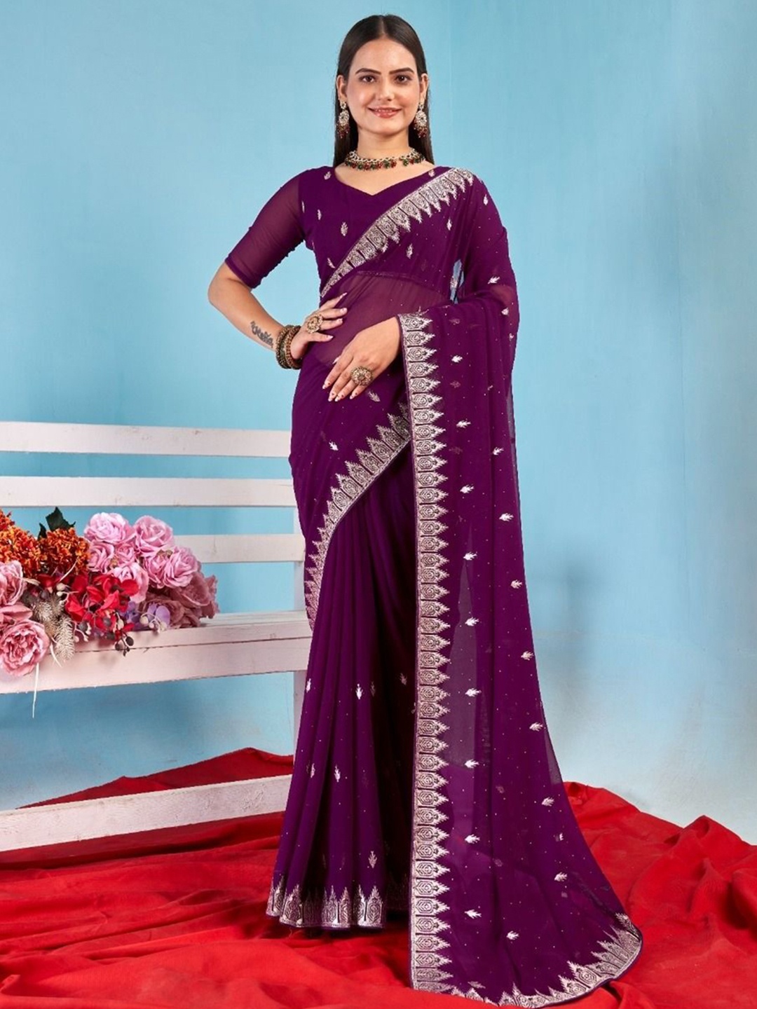 

Kalista Ethnic Motifs Embellished Pure Georgette Saree, Purple