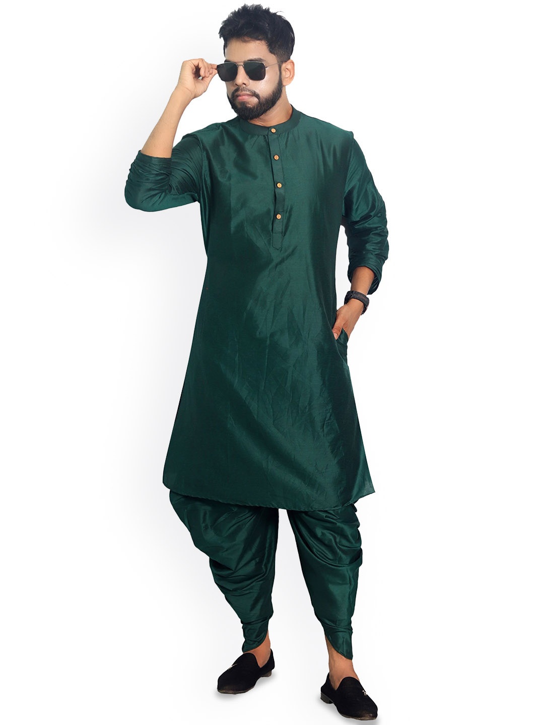 

House of Aqss Band Collar Straight Kurta, Green