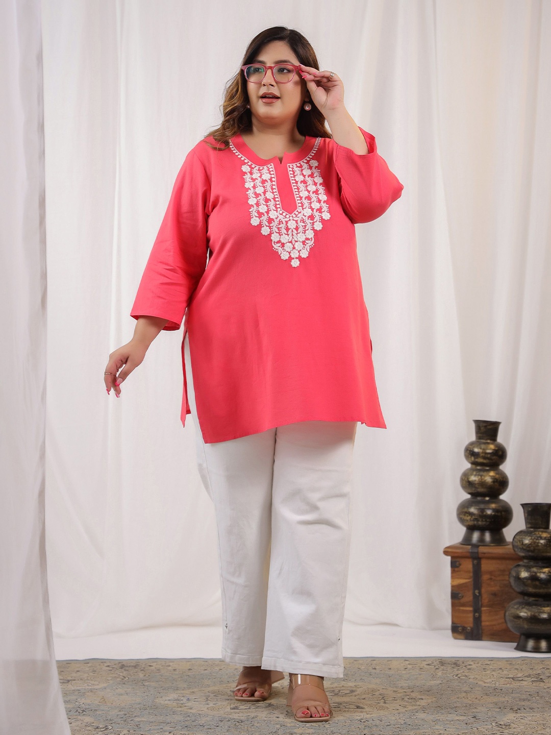 

LALI JAIPUR Women Plus Size Embroidered Pure Cotton Straight Kurti, Pink