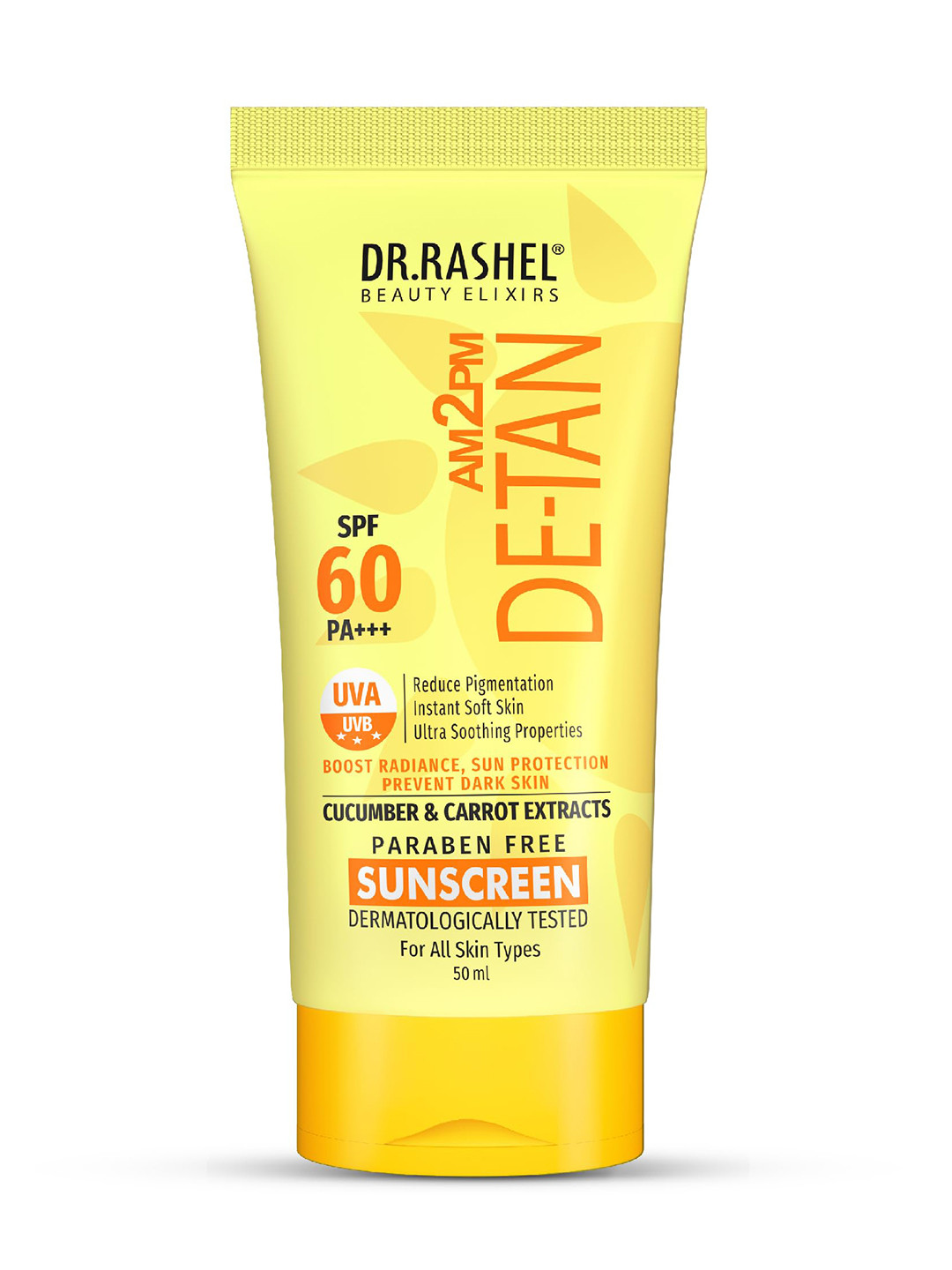 

DR.RASHEL De-Tan SPF 60 PA+++ With Cucumber For Face & Body Sunscreen 50 ml, Yellow