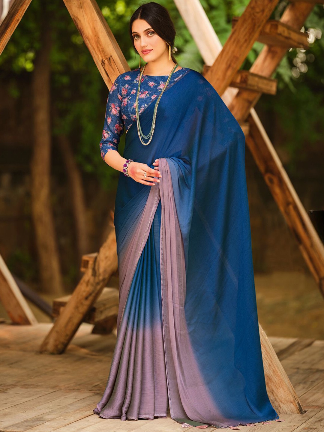 

CHUDIYA Solid Ombre Pure Chiffon Saree, Blue