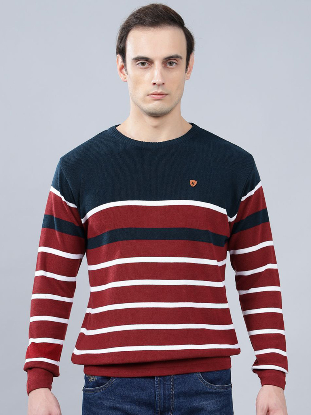 

Cantabil Men Round Neck Striped Winter Pullover, Maroon