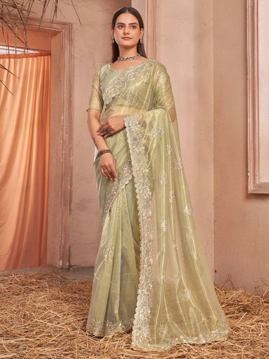 

Kalista Floral Embroidered Pure Georgette Saree, Green