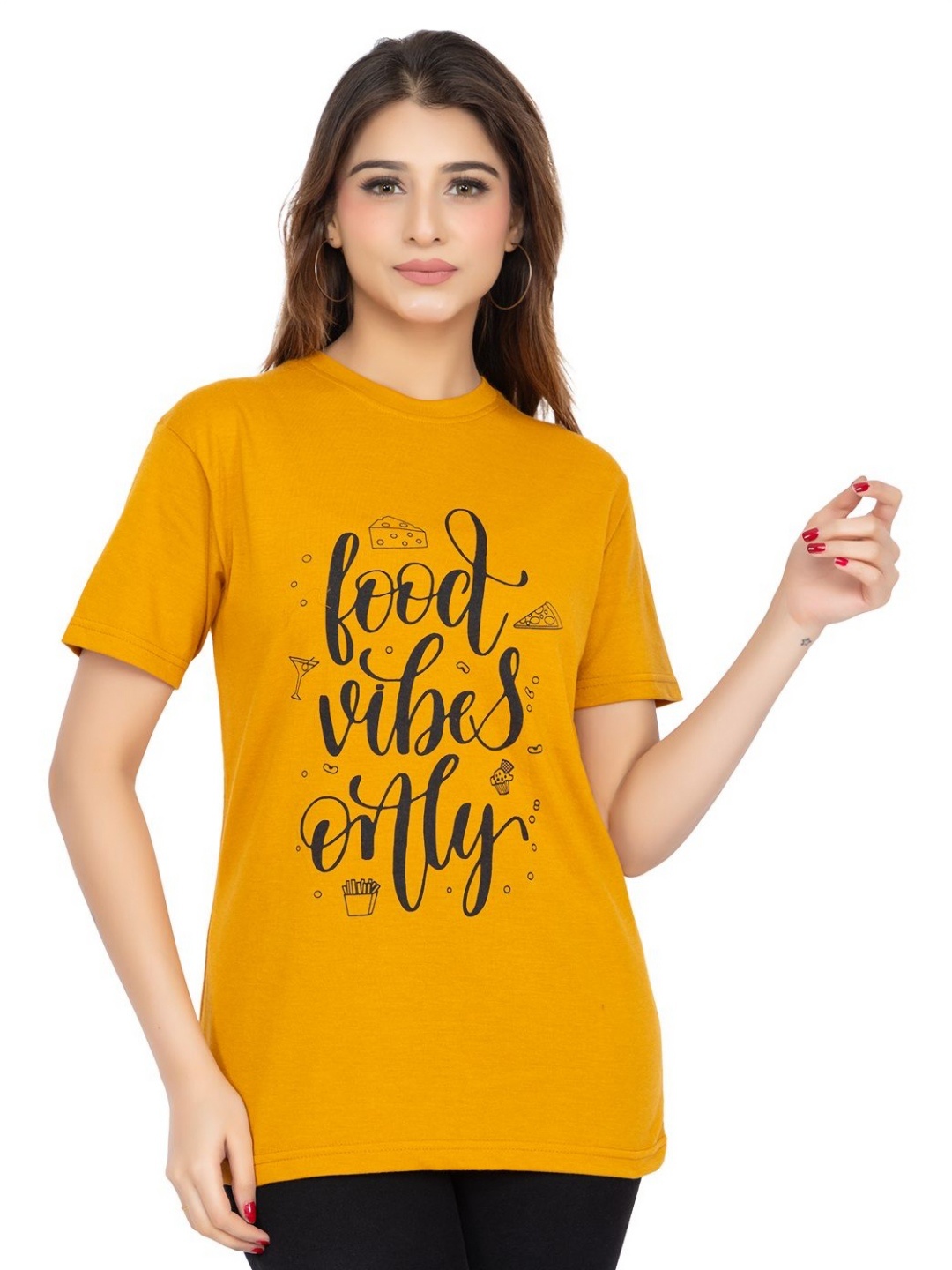 

LEZA Women Typography Printed Round Neck Cotton T-shirt, Yellow
