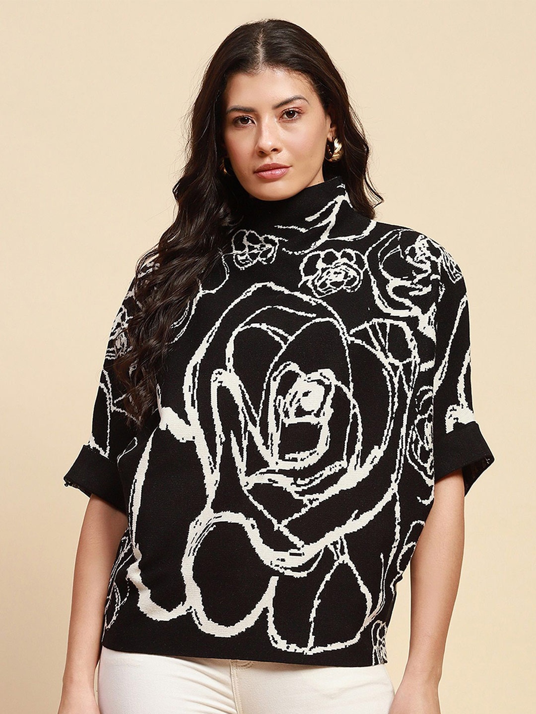 

Global Republic Women Floral Printed Oversized Longline Pullover, Black