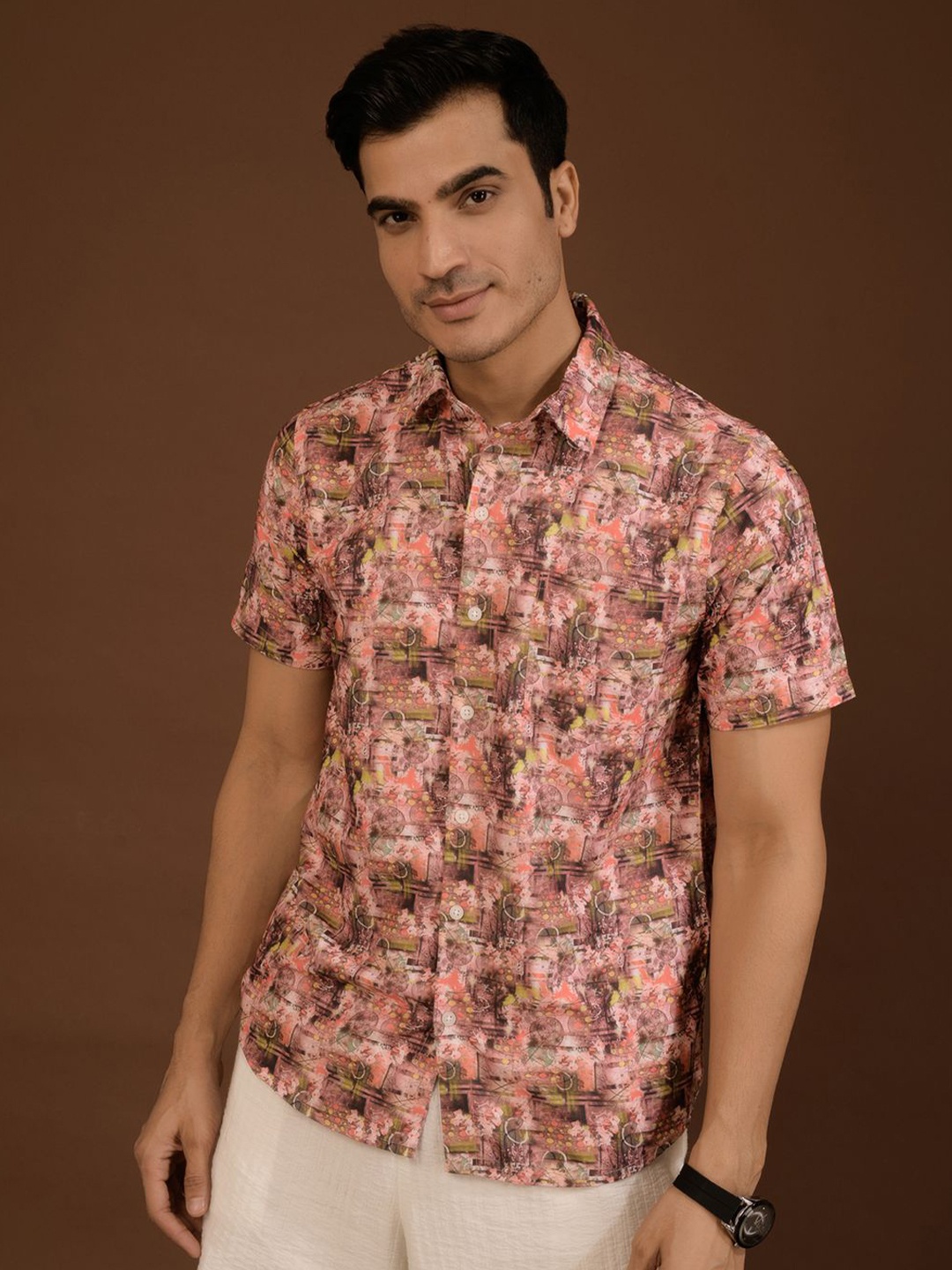 

BAESD Men Standard Spread Collar Ethnic Motifs Printed Polycotton Casual Shirt, Peach