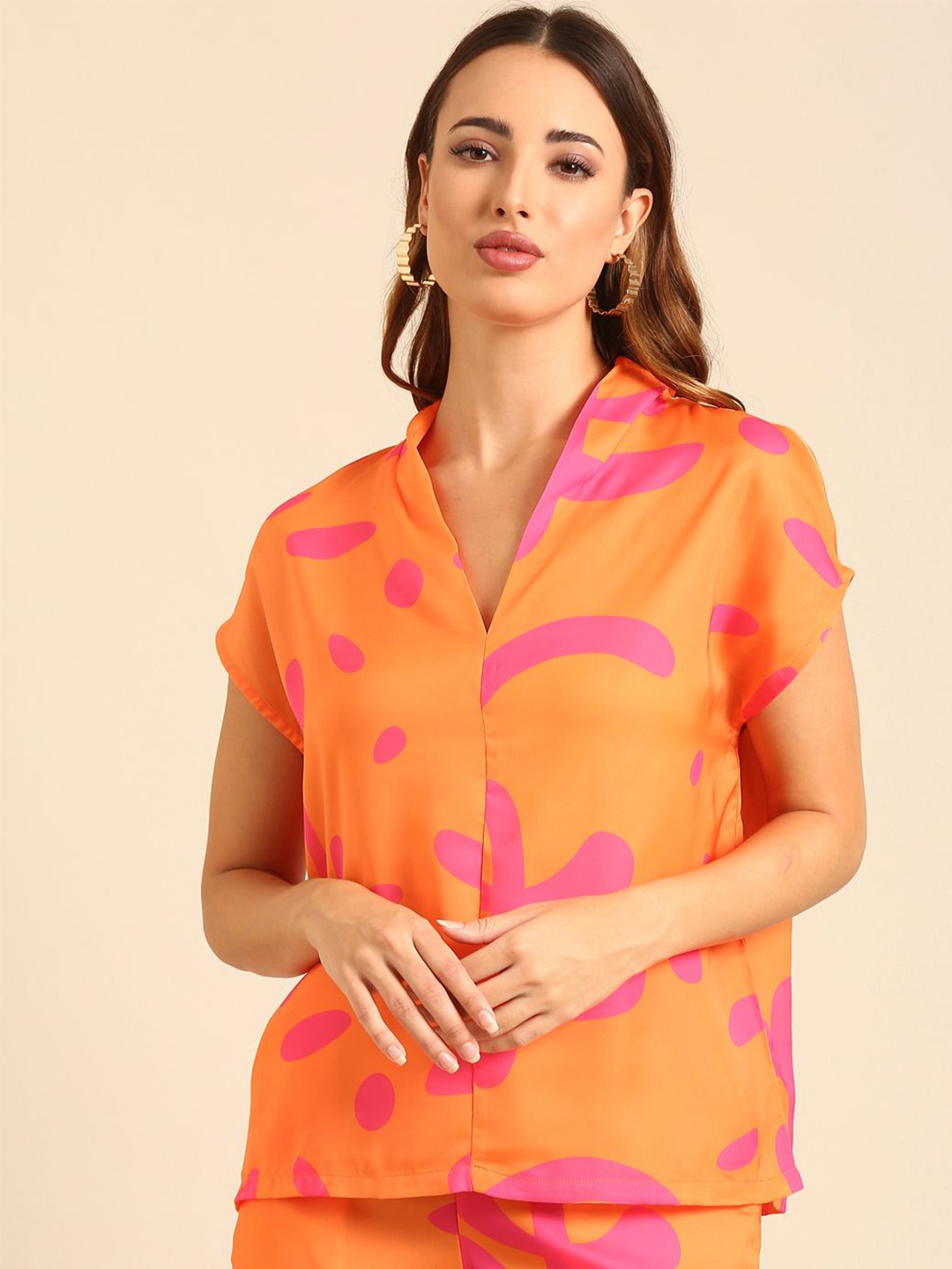 

De Moza Women Floral Printed V-Neck Top, Orange