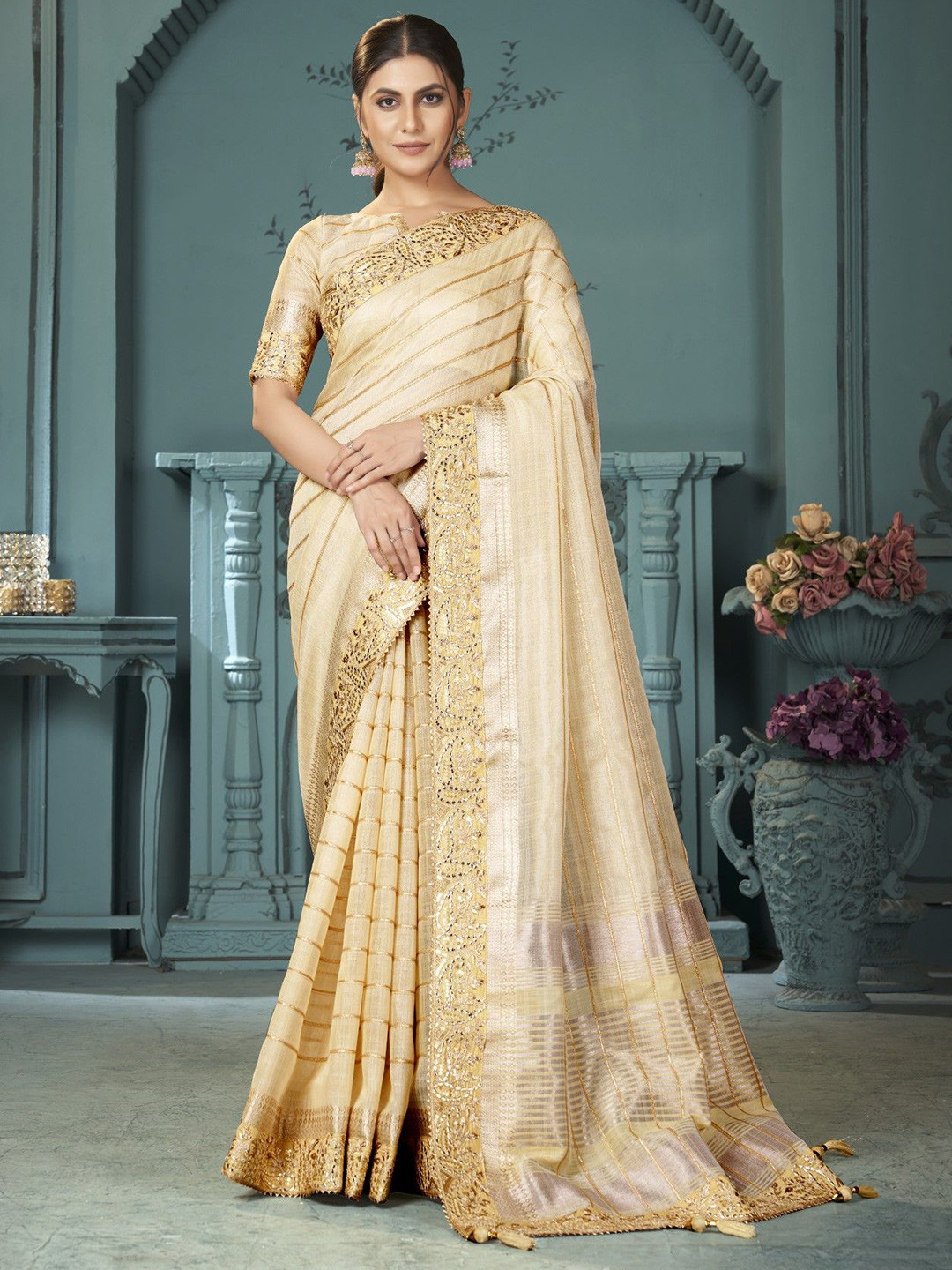 

Panzora Striped Embroidered Linen Blend Saree, Beige