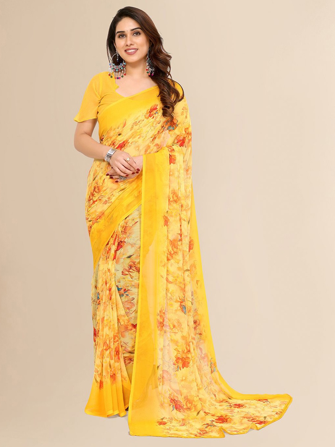 

ANAND SAREES Floral Printed Saree With Blouse Piece, Yellow