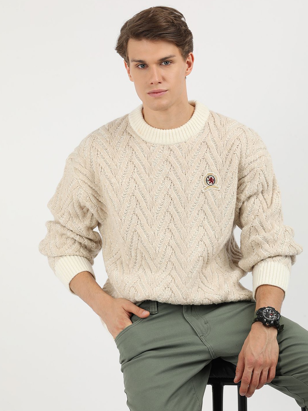 

Tommy Hilfiger Men Self Design Cable Knit Pullover Sweaters, Brown