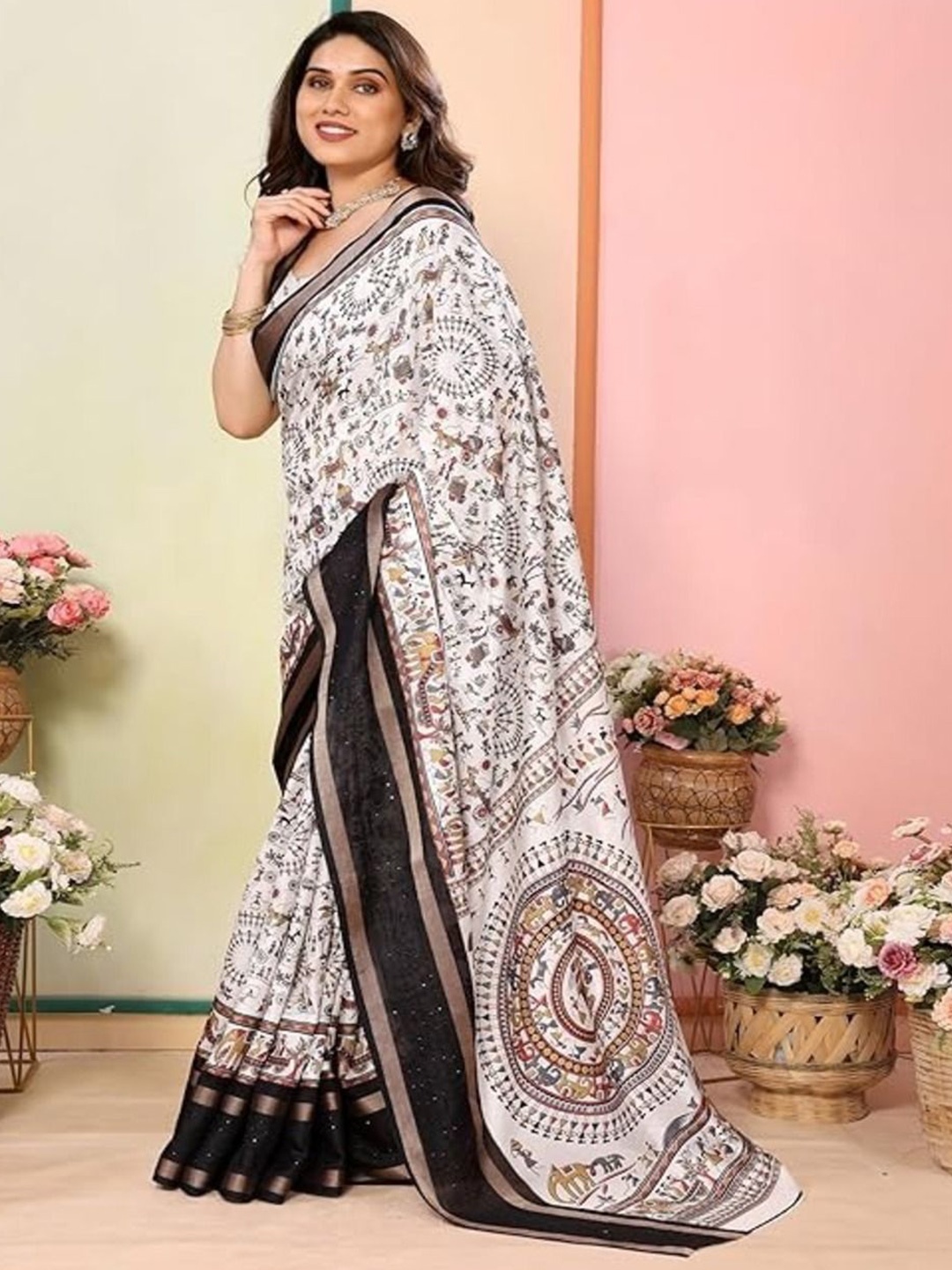 

Sanwariya Silk Ethnic Motifs Zari Maheshwari Saree, White