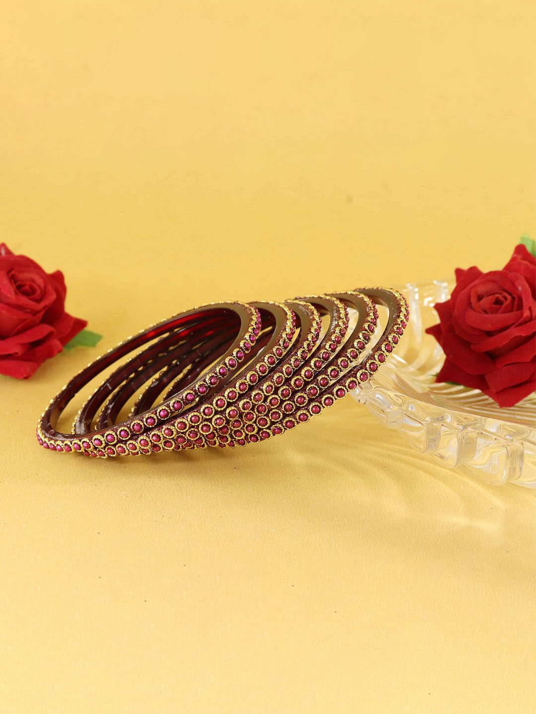 

ZULKA Set Of 12 Moti Pearls Work Glass Bangles, Maroon